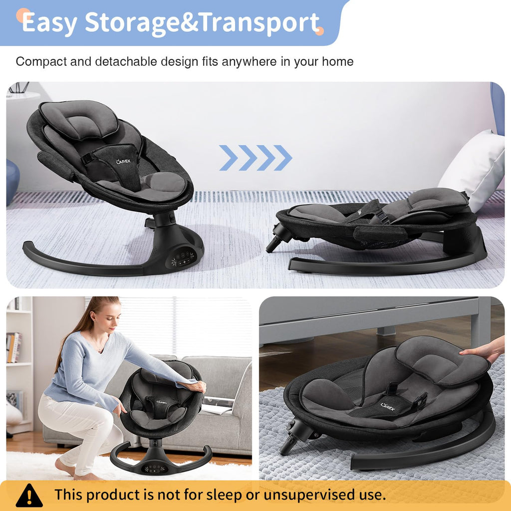 LAREX Baby Swing Infant Swing Electric Toddler Baby Rocker Portable for Newborn Boy Girl, 5 Sway Speeds with Remote Control, 10 Preset Melodies and Bluetooth, 0-6 Months Max 20 Lbs (Black)