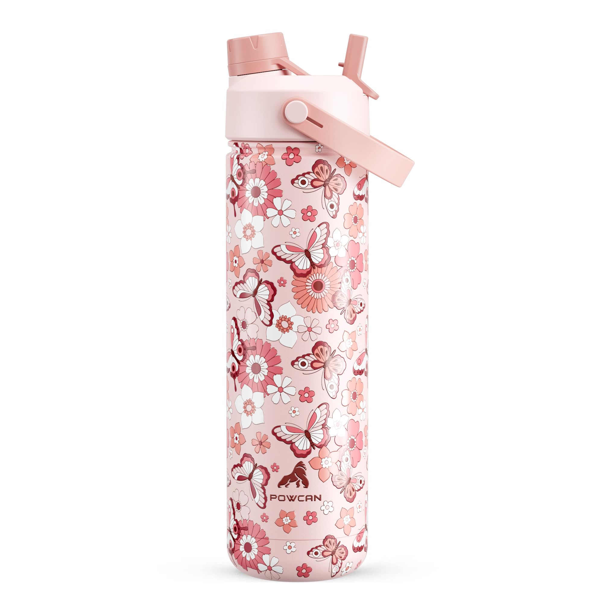 POWCAN 26 oz Insulated Water Bottle with 2-in-1 Straw and Spout Lid, Keep Cold 24H, Leak-Proof, Fits in Car Cup Holder, Stainless Steel Water Bottle for Sports, Travel, and School (Cotton Candy)
