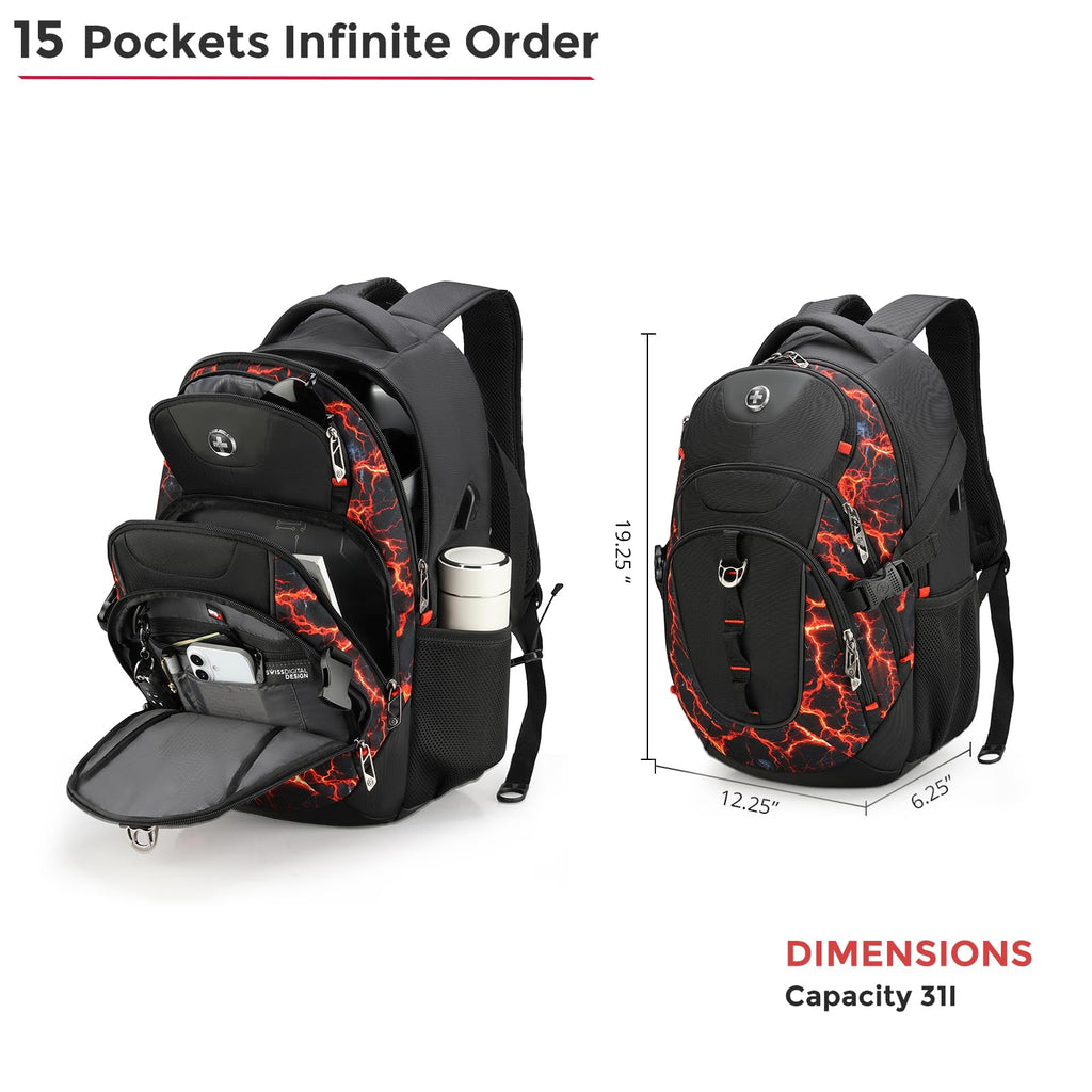 Swissdigital Design Laptop Backpack with USB Charging Port, Travel Backpack Fits 15.6 inches Computer, 31L College School Backpack for Men, Black | SD803-01