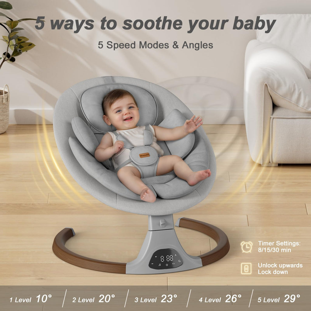 Baby Swings for Infants, Monamii Baby Swing, Bluetooth Infant Swing with Music Speaker, 5 Speeds and Remote Control, Indoor & Outdoor Use (Beige)