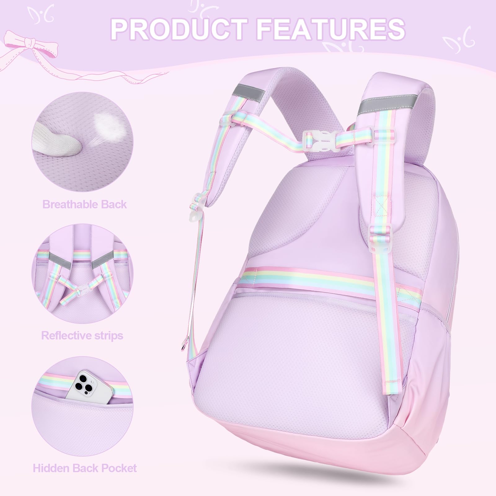 DIGOBAY Backpack for Girls, 3PCS Girls Backpack for School with Lunch Bag Pencil Case, Cute Kids Teens Bookbag for Kindergarten Elementary Preschool Middle School (Pink)