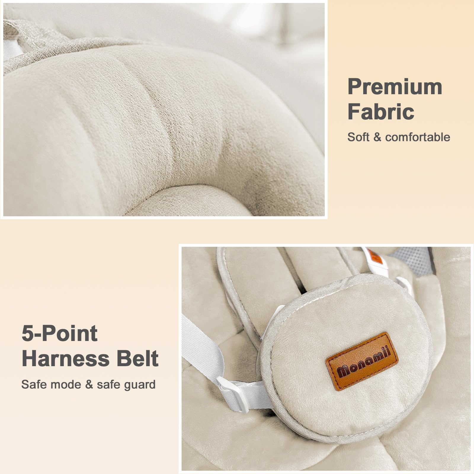 Baby Swings for Infants, Monamii Baby Swing, Bluetooth Infant Swing with Music Speaker, 5 Speeds and Remote Control, Indoor & Outdoor Use (Beige)