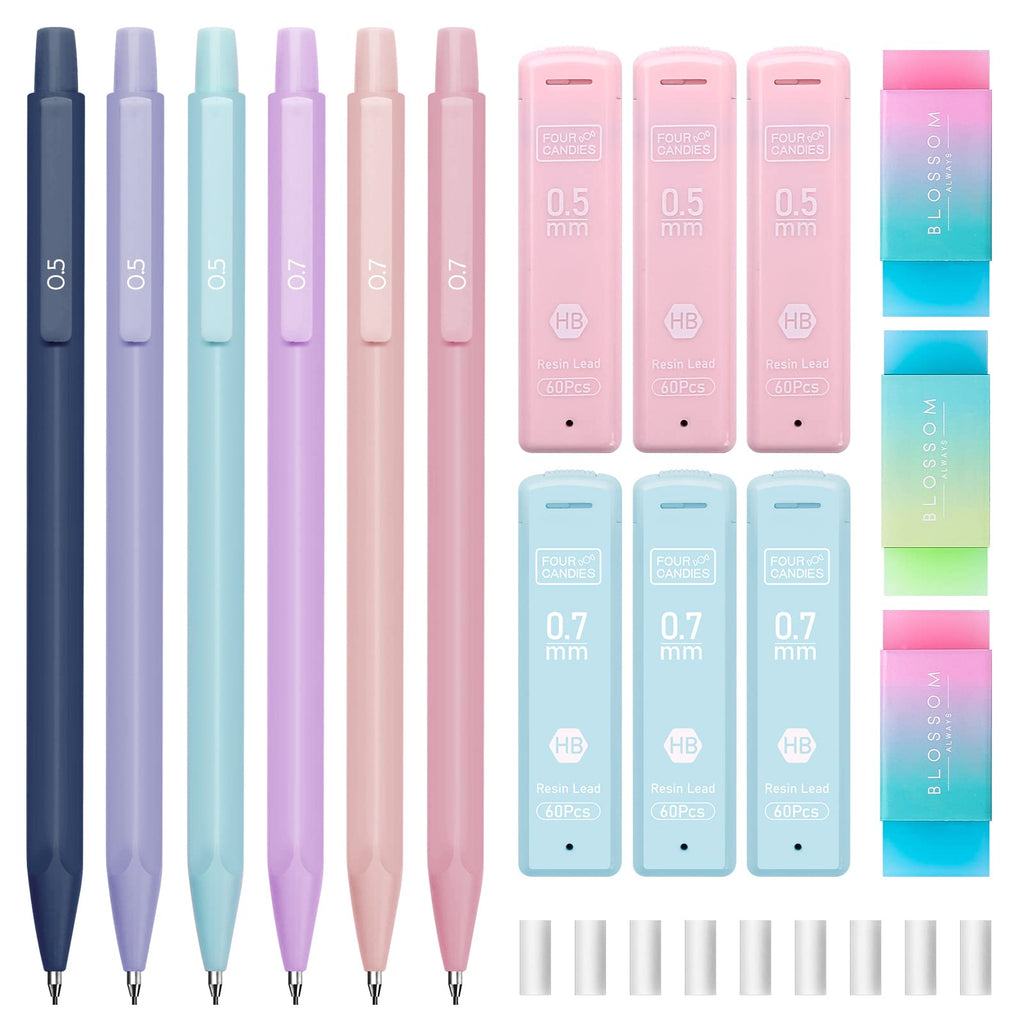 Four Candies Cute Mechanical Pencil Set, 6PCS Pastel Mechanical Pencils 0.5 mm & 0.7mm & 0.9mm with 360PCS Leads, 3PCS Erasers and 9PCS Eraser Refills, Aesthetic Pencils for Girls Writing, Art Drawing