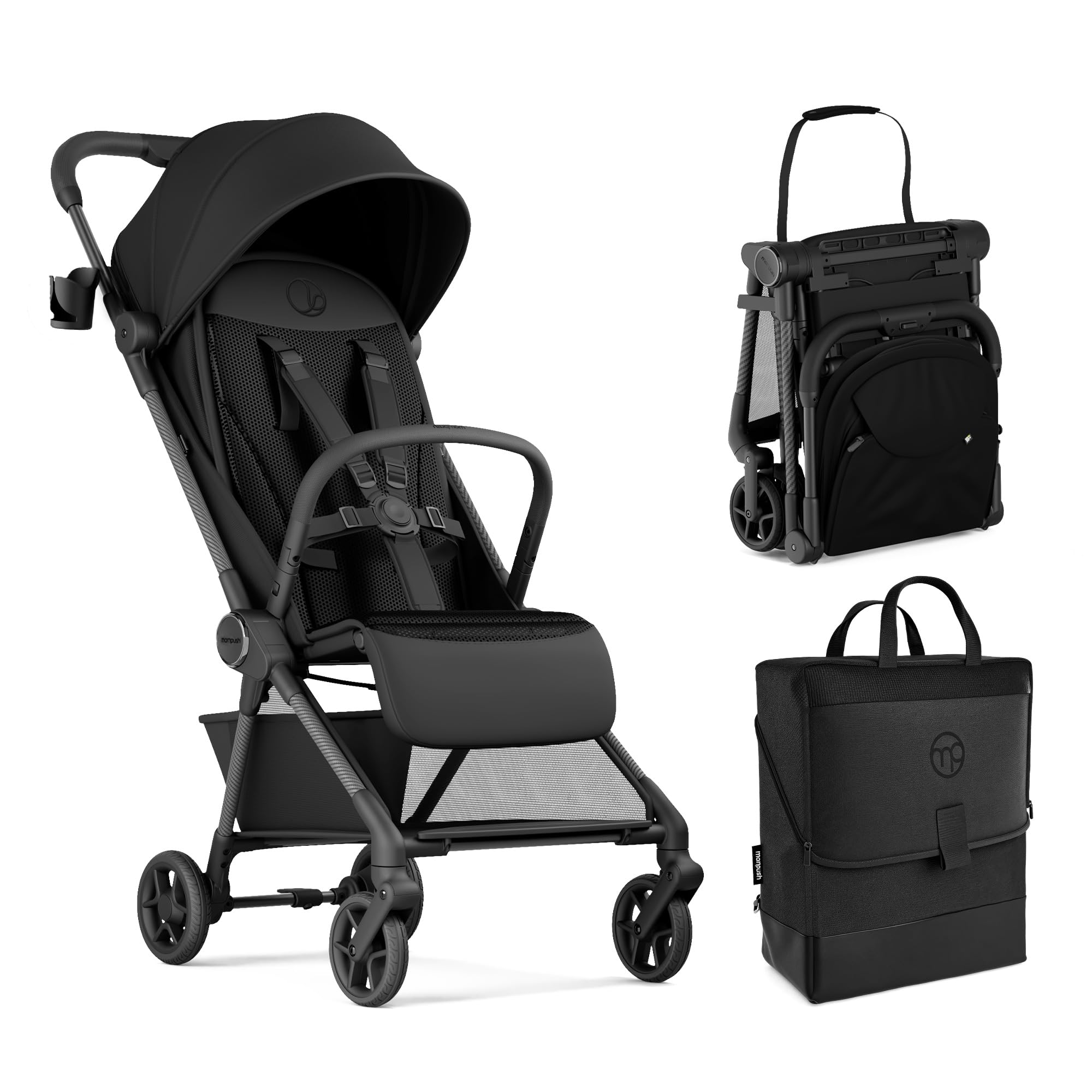 Mompush Nexis Carbon Travel Stroller, Ultra-Lightweight 11.5 lbs, Compact & Airplane Carry-On Approved, One-Second Auto-Fold, One-Hand Full Recline, from Birth to 50 lbs, JPMA Certified, Khaki