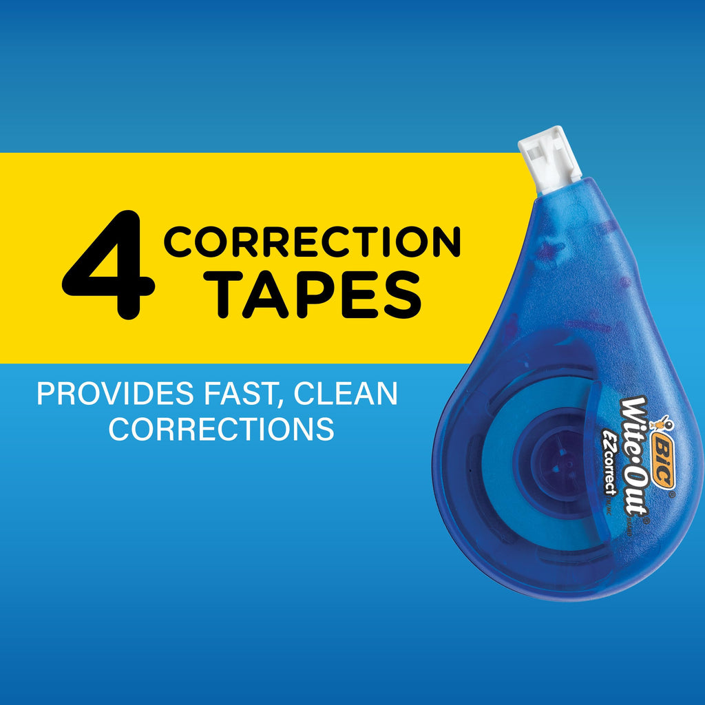 BIC Wite-Out EZ Correct Correction Tape, School Supplies for Students and Teachers, Applies Dry, No Dry Time, Tear Resistant, 4-Count Pack in White