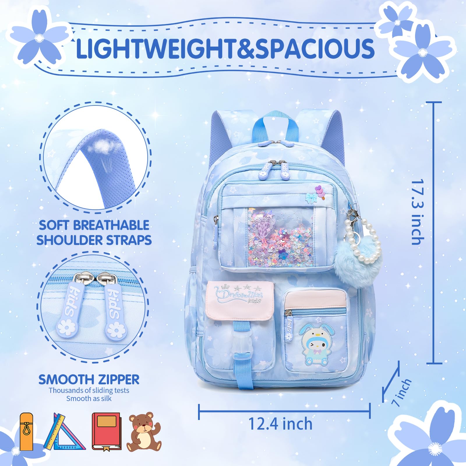 Lovely Girls Backpack School Bag for Students Kids Book Bag with Multiple Pockets Splash-proof Children's Backpack（17inch Pink）