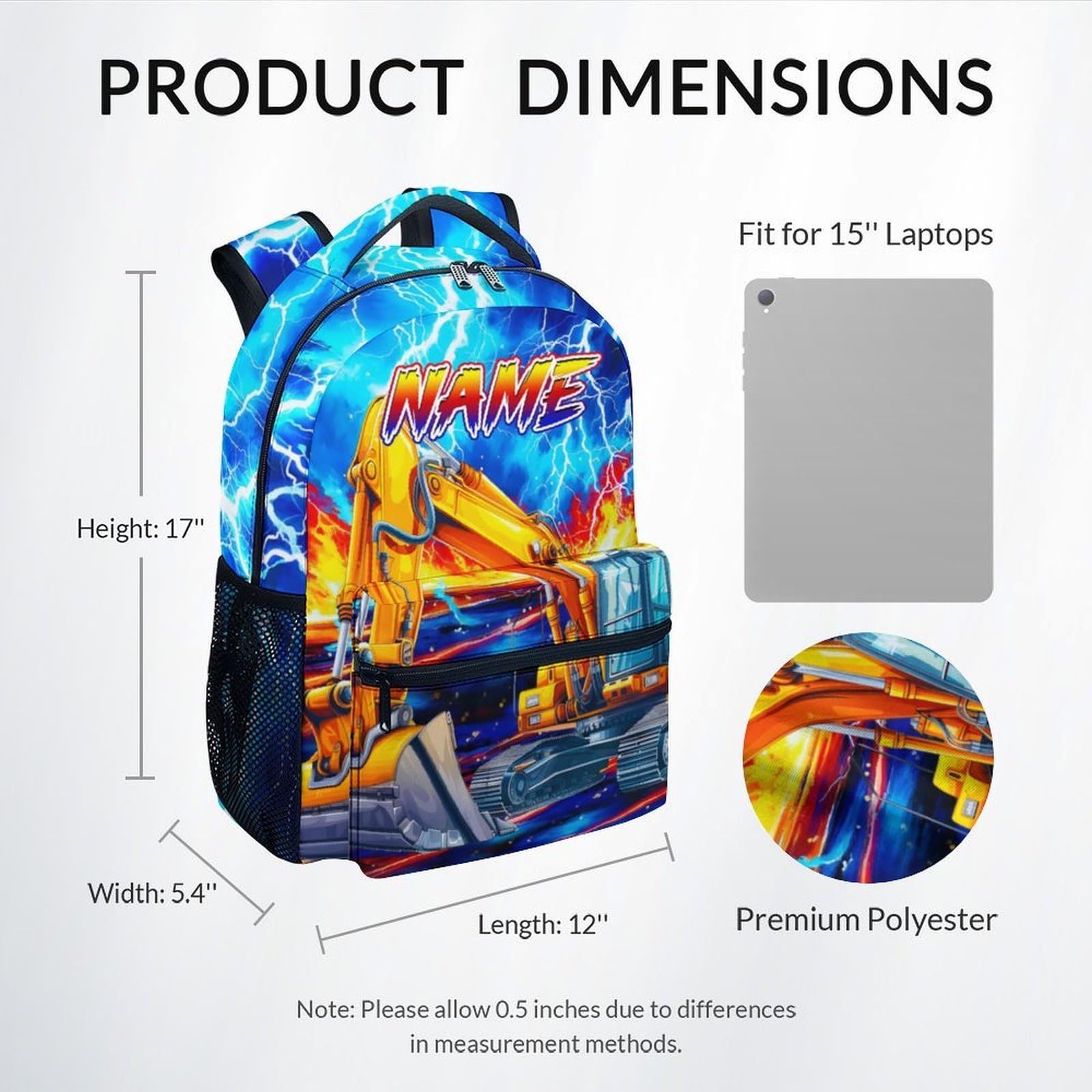 Dinosaur Backpack for Kids Personalized Boys Truck Bookbag with Name - 17 Inch Toddler School Bag with Padded Straps for Preschool Kindergarten Elementary