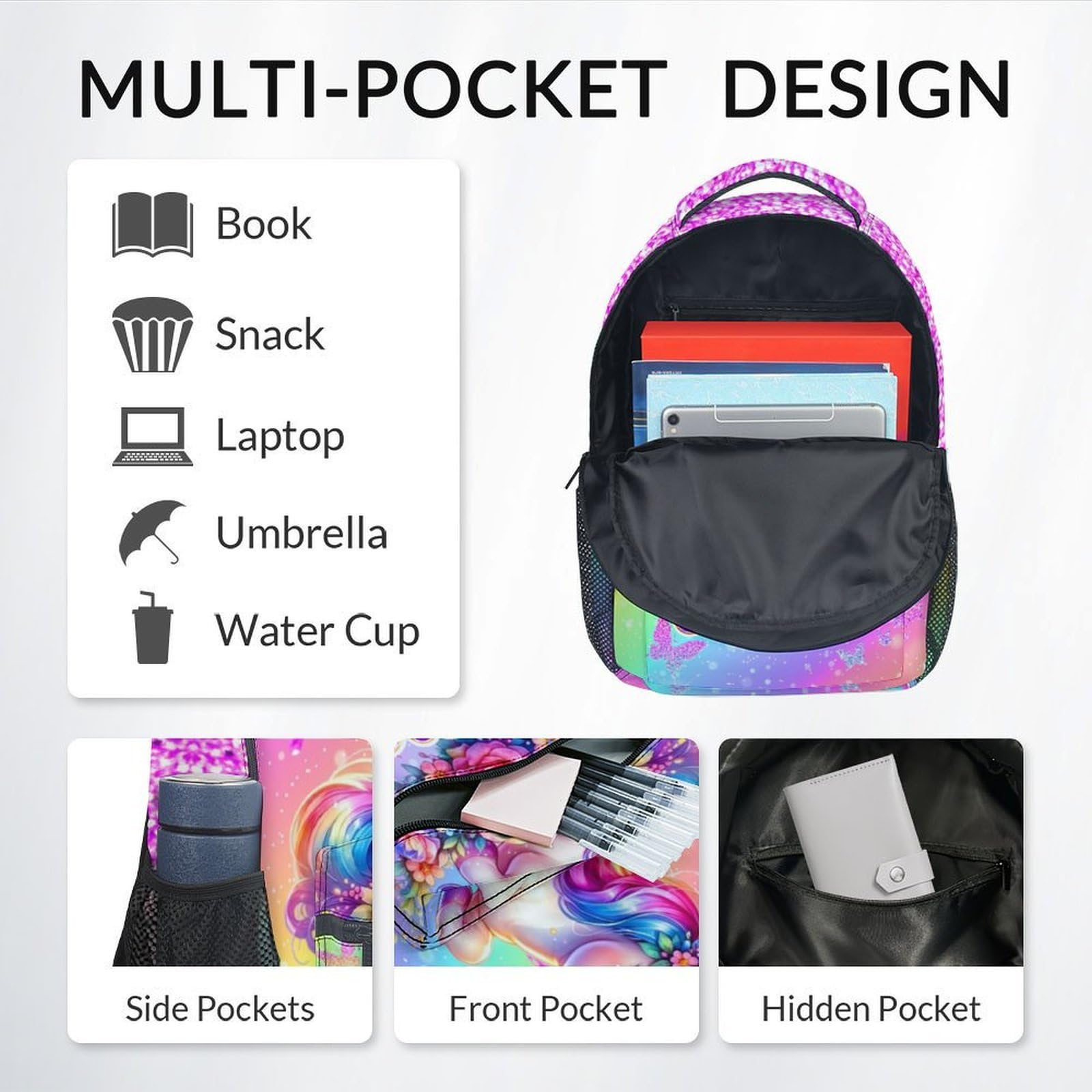 Unicorn Backpack for Girls Custom School Bookbag with Name - Personalized Toddler Schoolbag with Rainbow for Preschool Kindergarten Elementary (17 Inch)