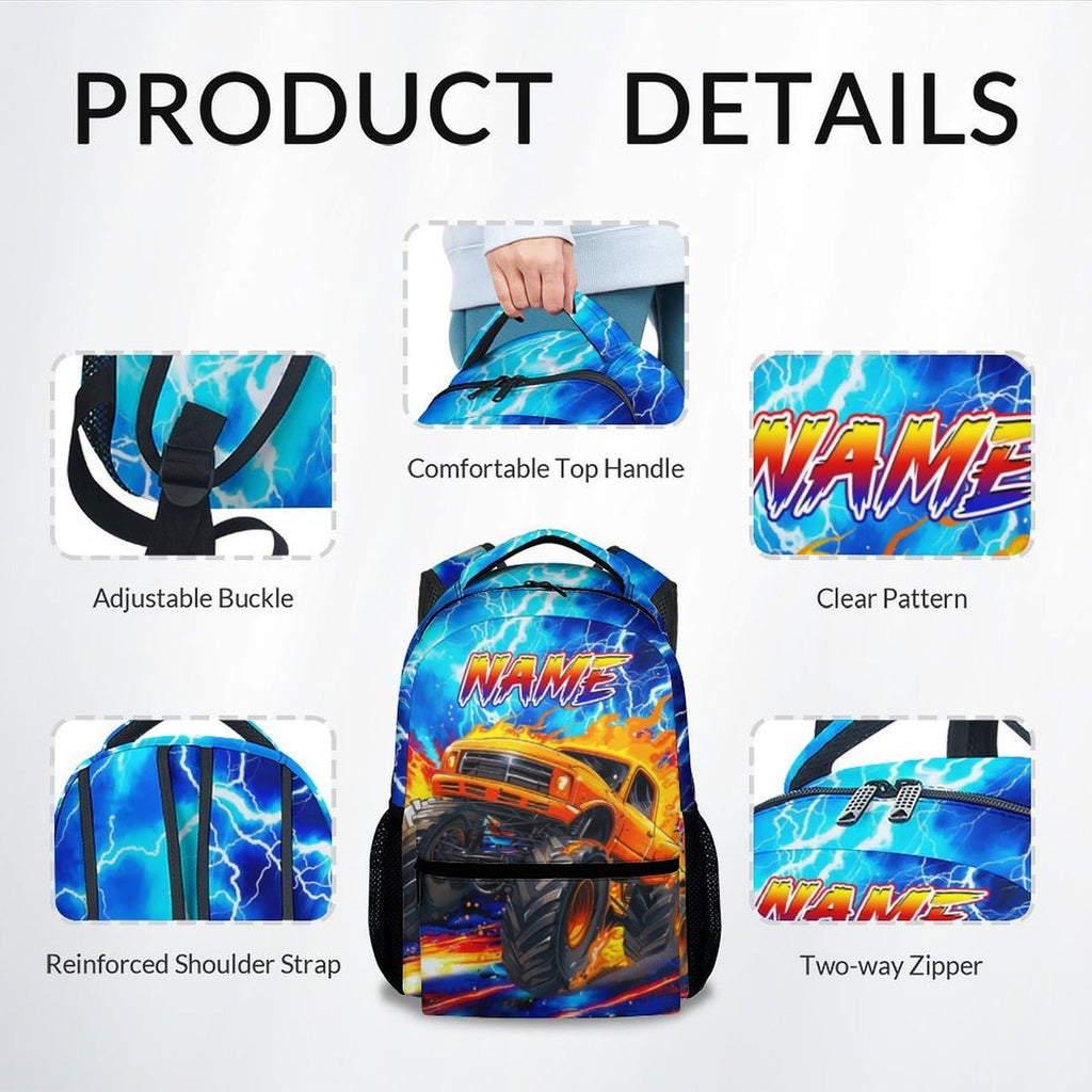 Dinosaur Backpack for Kids Personalized Boys Truck Bookbag with Name - 17 Inch Toddler School Bag with Padded Straps for Preschool Kindergarten Elementary