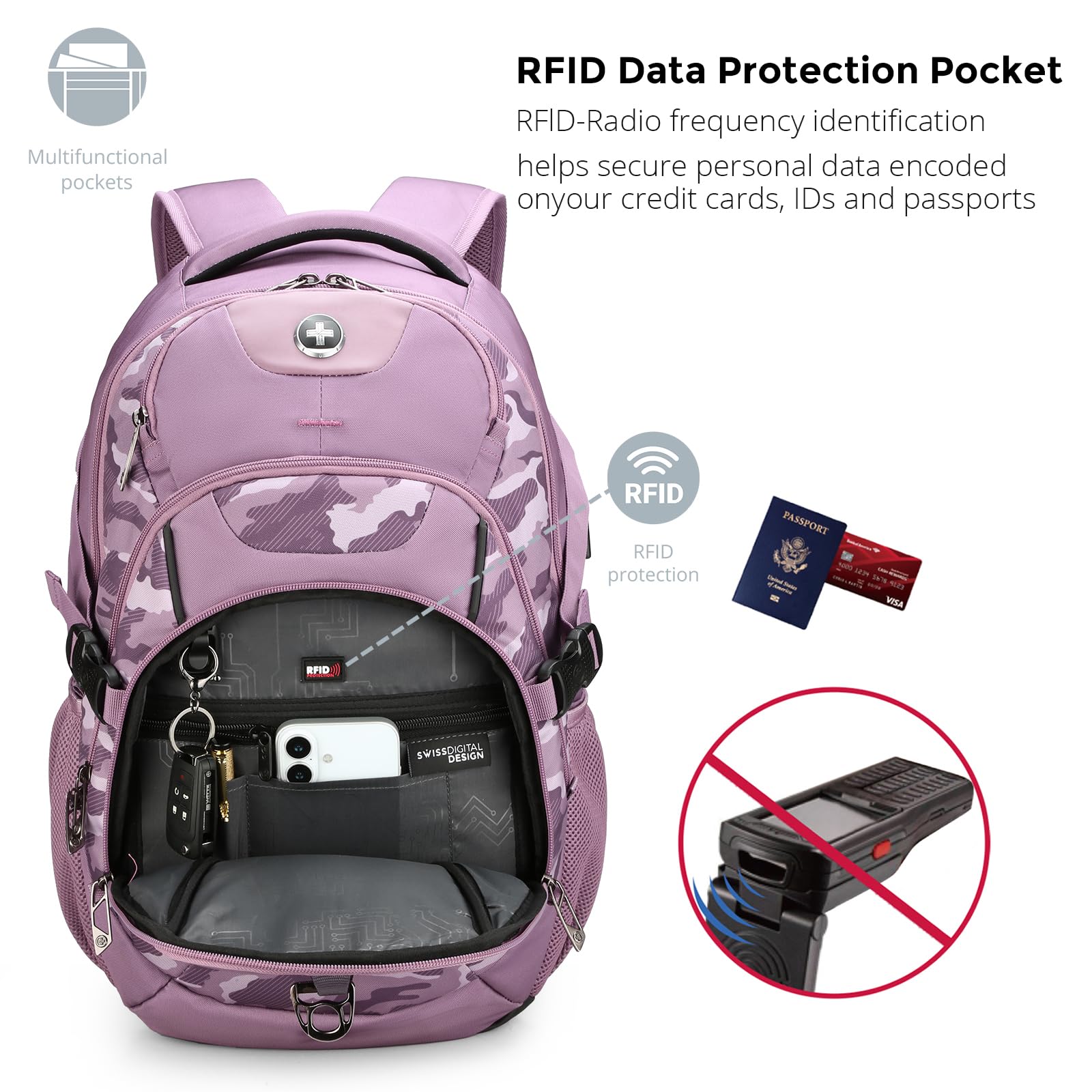 Swissdigital Design Laptop Backpack with USB Charging Port, Travel Backpack Fits 15.6 inches Computer, 31L College School Backpack for Men, Black | SD803-01