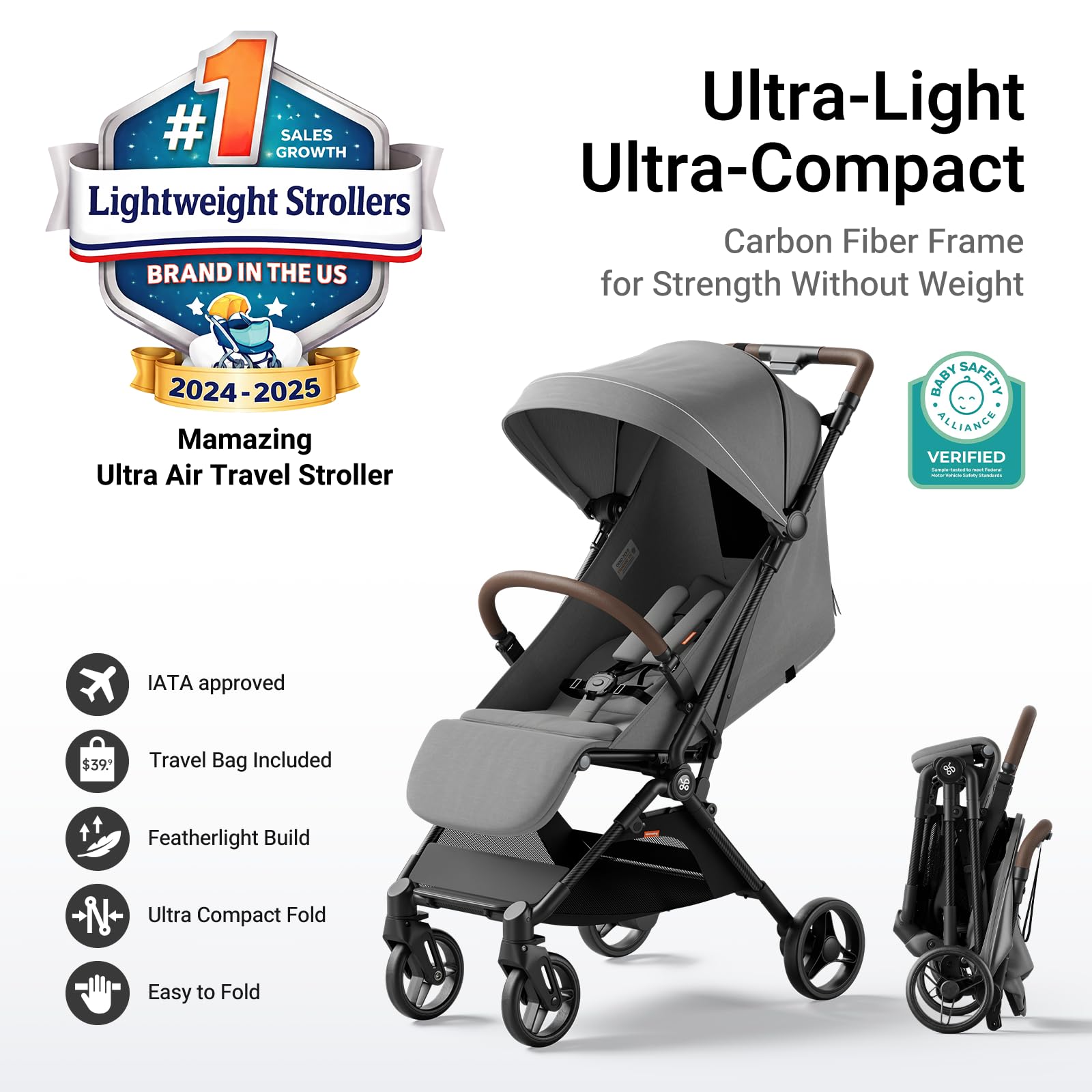 MAMAZING Ultra Air Lightweight Baby Travel Stroller with Carbon Fiber Frame, Compact & Airplane-Friendly, One-Handed Fold, 11.6 lbs, Perfect for Toddlers, Green