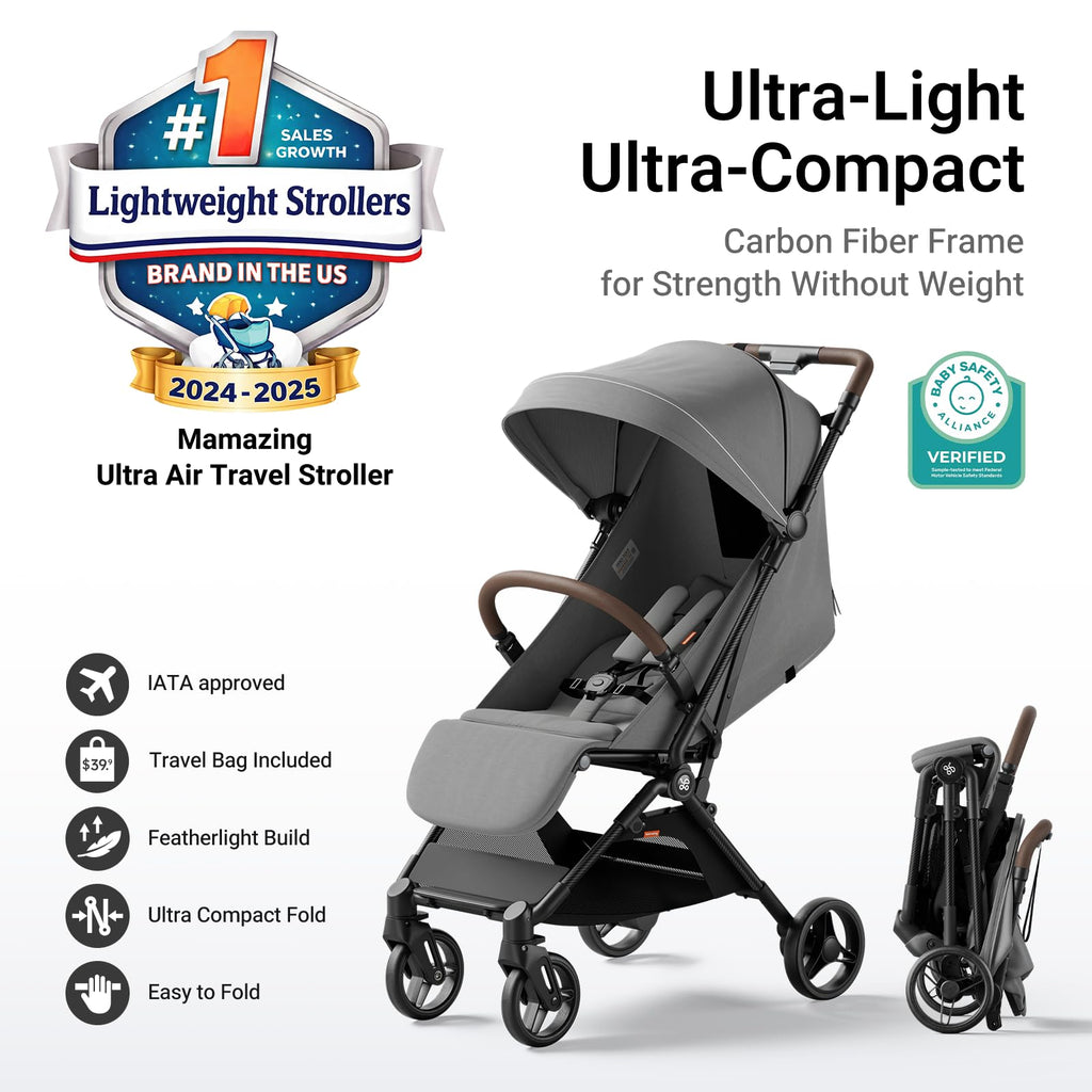 MAMAZING Ultra Air Lightweight Baby Travel Stroller with Carbon Fiber Frame, Compact & Airplane-Friendly, One-Handed Fold, 11.6 lbs, Perfect for Toddlers, Green