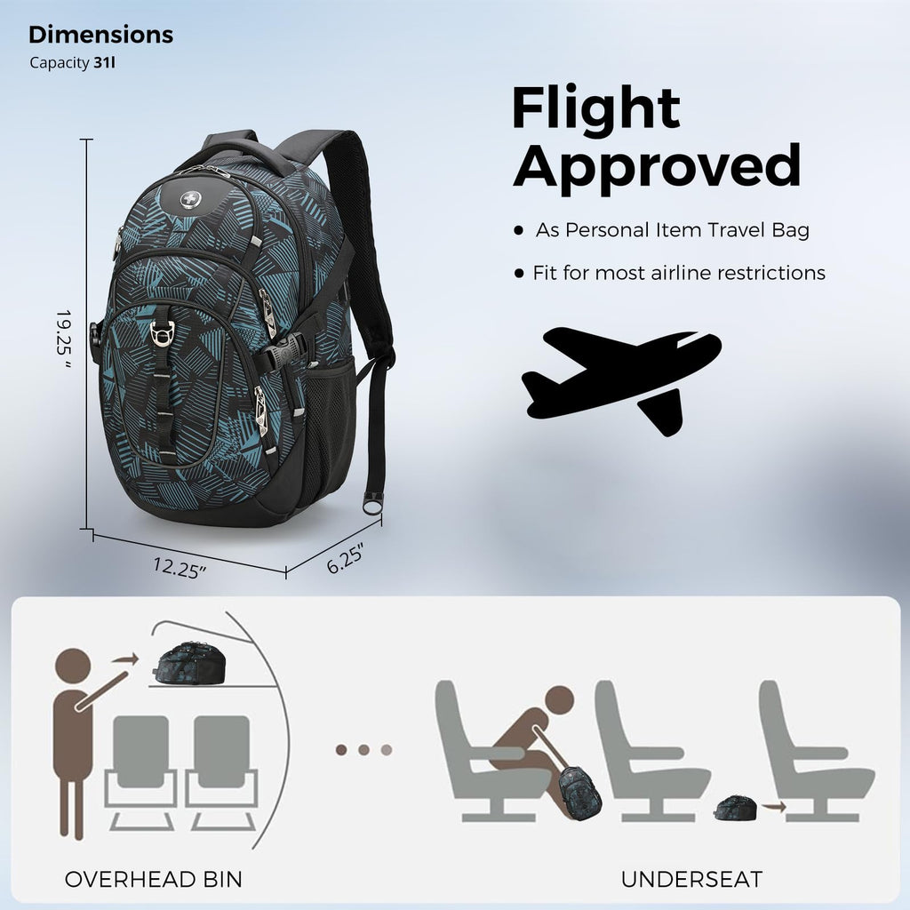 Swissdigital Design Laptop Backpack with USB Charging Port, Travel Backpack Fits 15.6 inches Computer, 31L College School Backpack for Men, Black | SD803-01