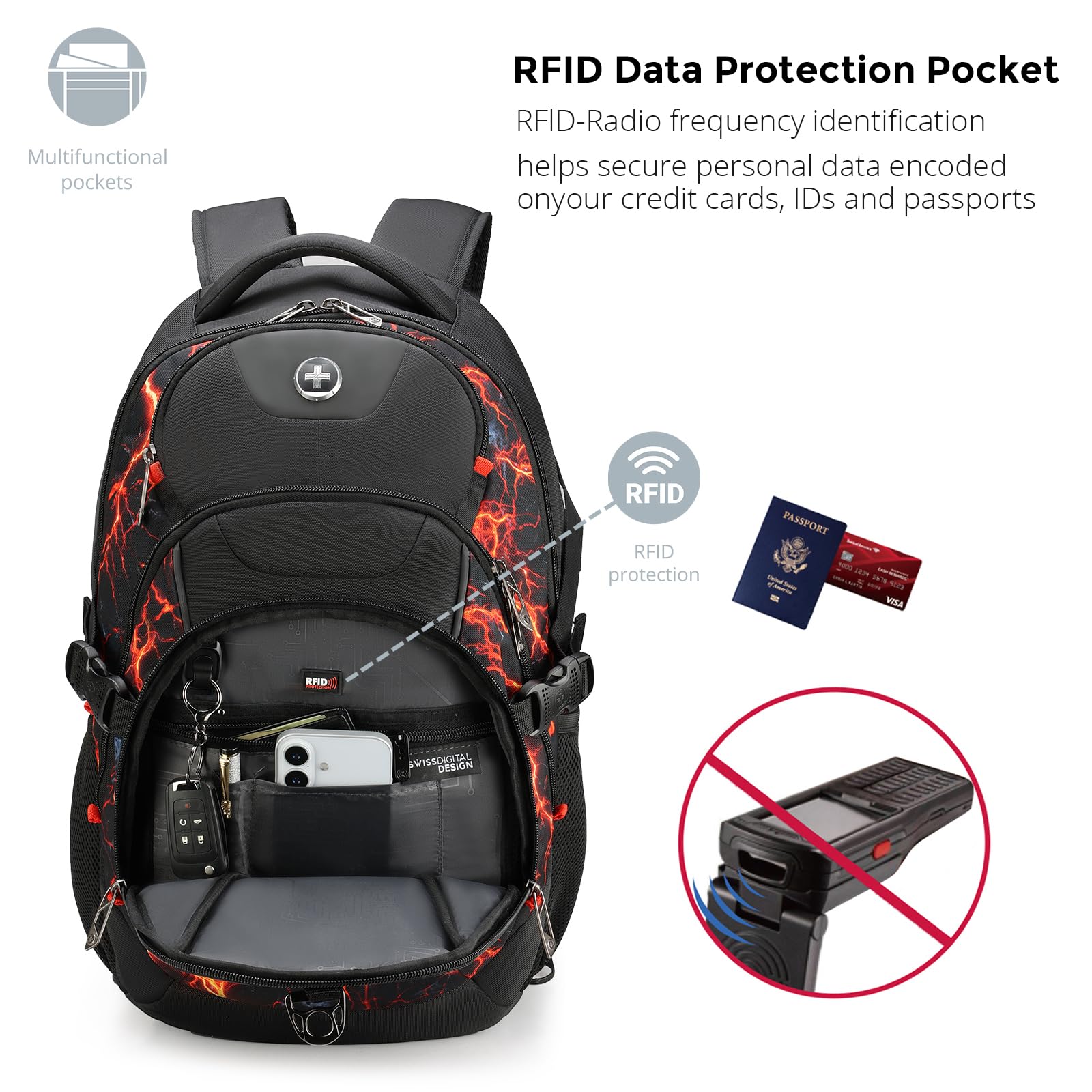 Swissdigital Design Laptop Backpack with USB Charging Port, Travel Backpack Fits 15.6 inches Computer, 31L College School Backpack for Men, Black | SD803-01