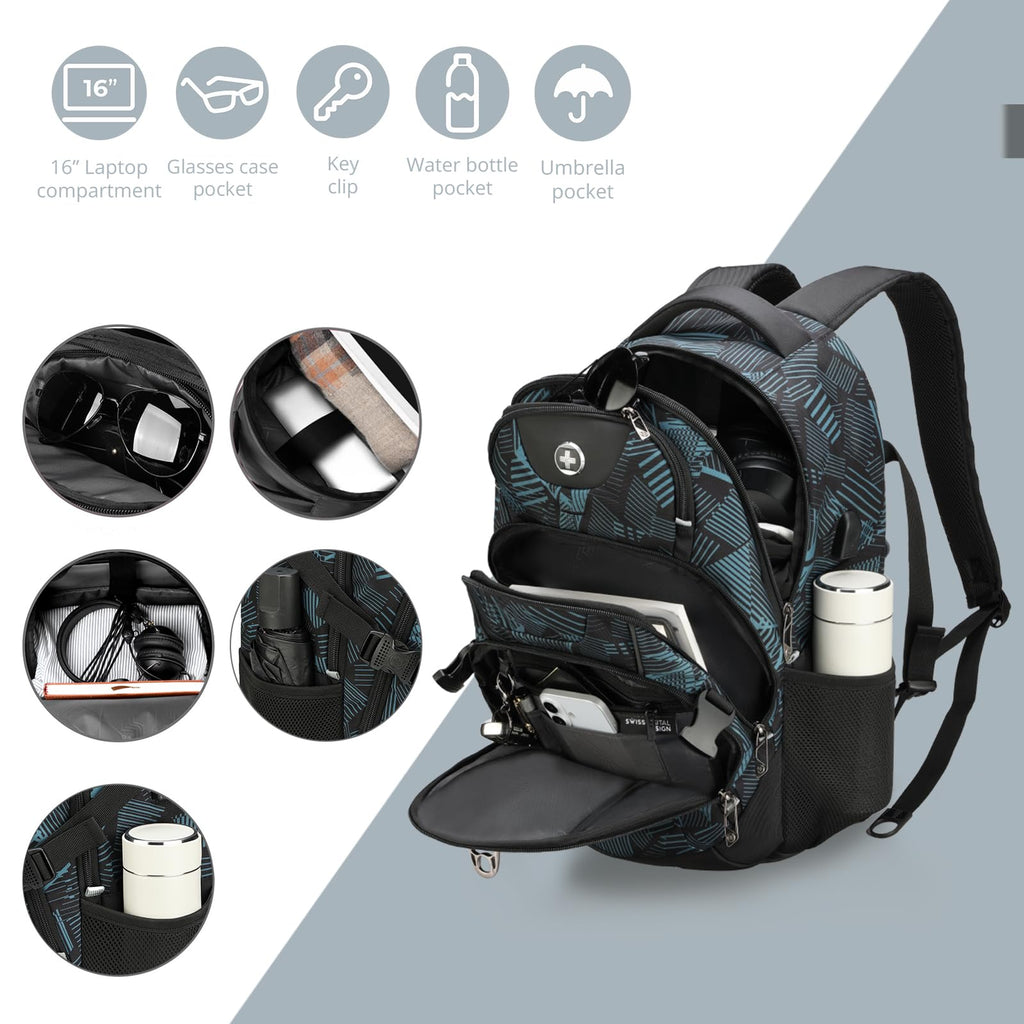 Swissdigital Design Laptop Backpack with USB Charging Port, Travel Backpack Fits 15.6 inches Computer, 31L College School Backpack for Men, Black | SD803-01