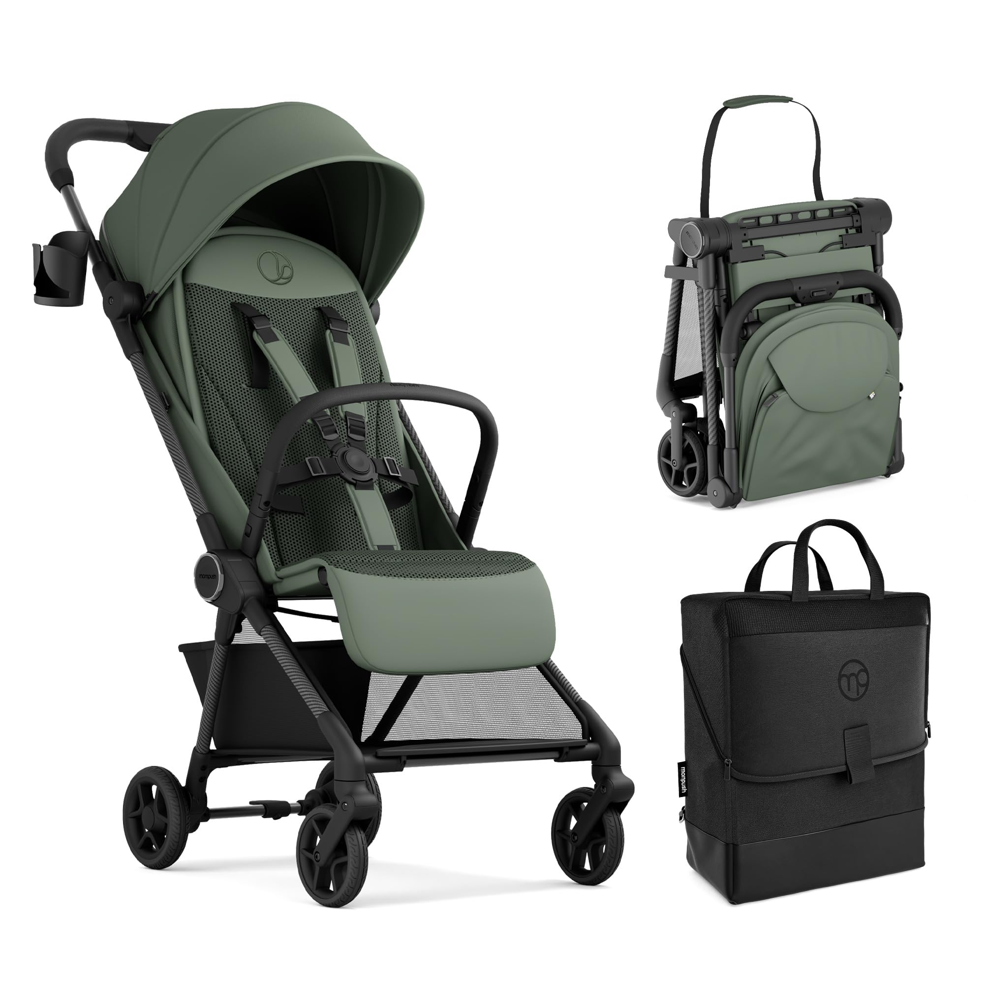 Mompush Nexis Carbon Travel Stroller, Ultra-Lightweight 11.5 lbs, Compact & Airplane Carry-On Approved, One-Second Auto-Fold, One-Hand Full Recline, from Birth to 50 lbs, JPMA Certified, Khaki