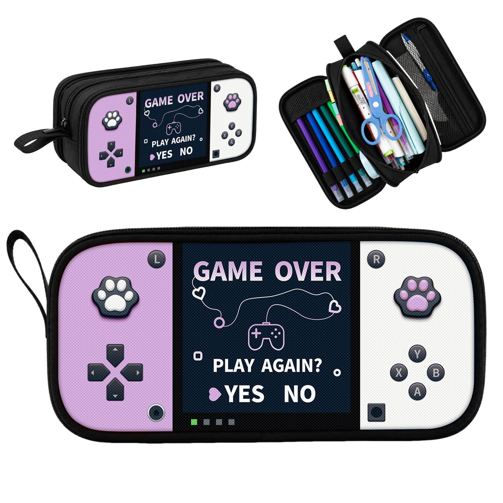 Game Controller Pencil Case for Boys Kids Teens, Large Capacity Pencil Pouch with 3 Compartments, 7 Pockets and Label Pocket for School College Office Travel (Red & Blue)