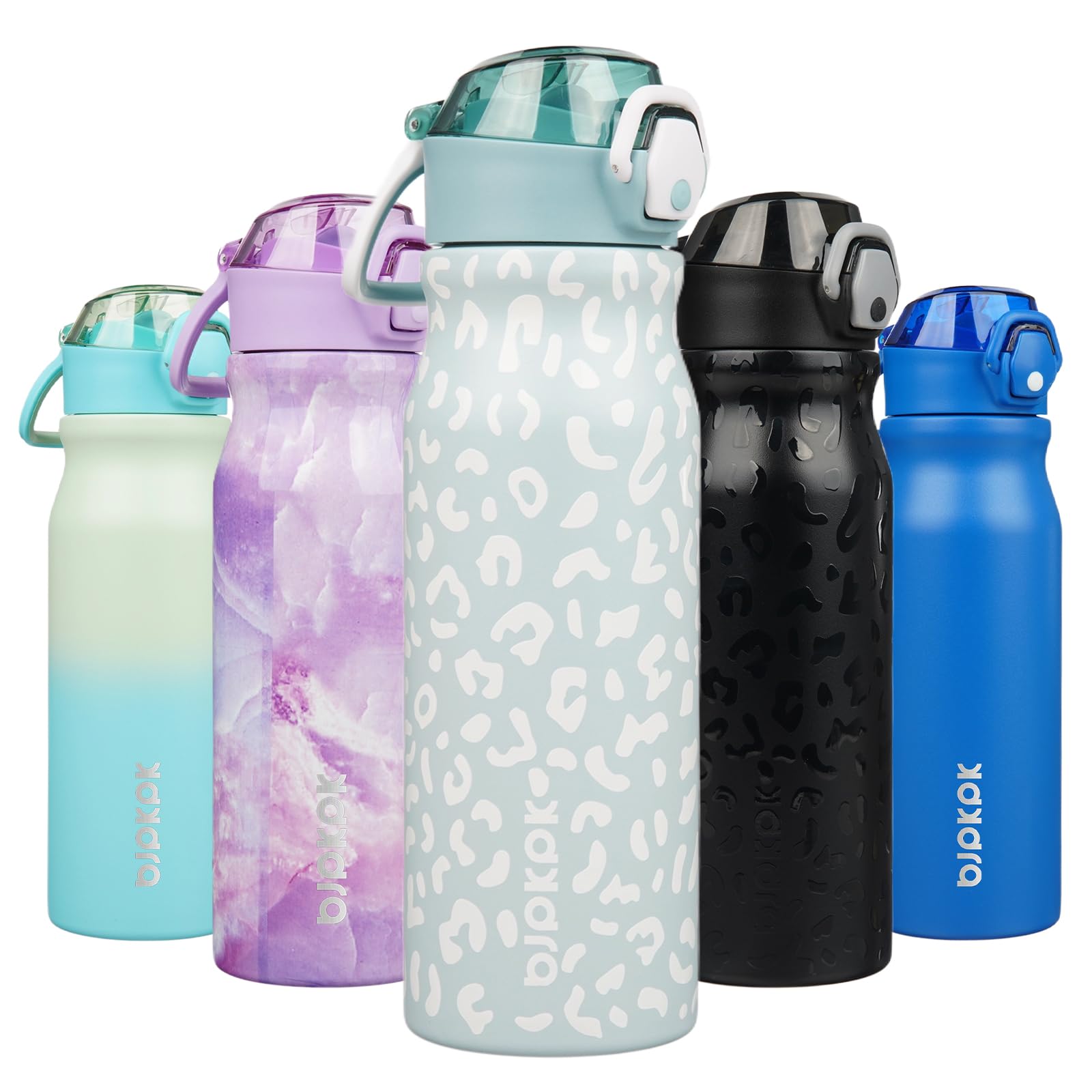 BJPKPK Insulated Water Bottle 18oz Stainless Steel Water Bottles with Straw and Carry Handle Double Wall Metal Thermal Flask,Light Blue Leopard