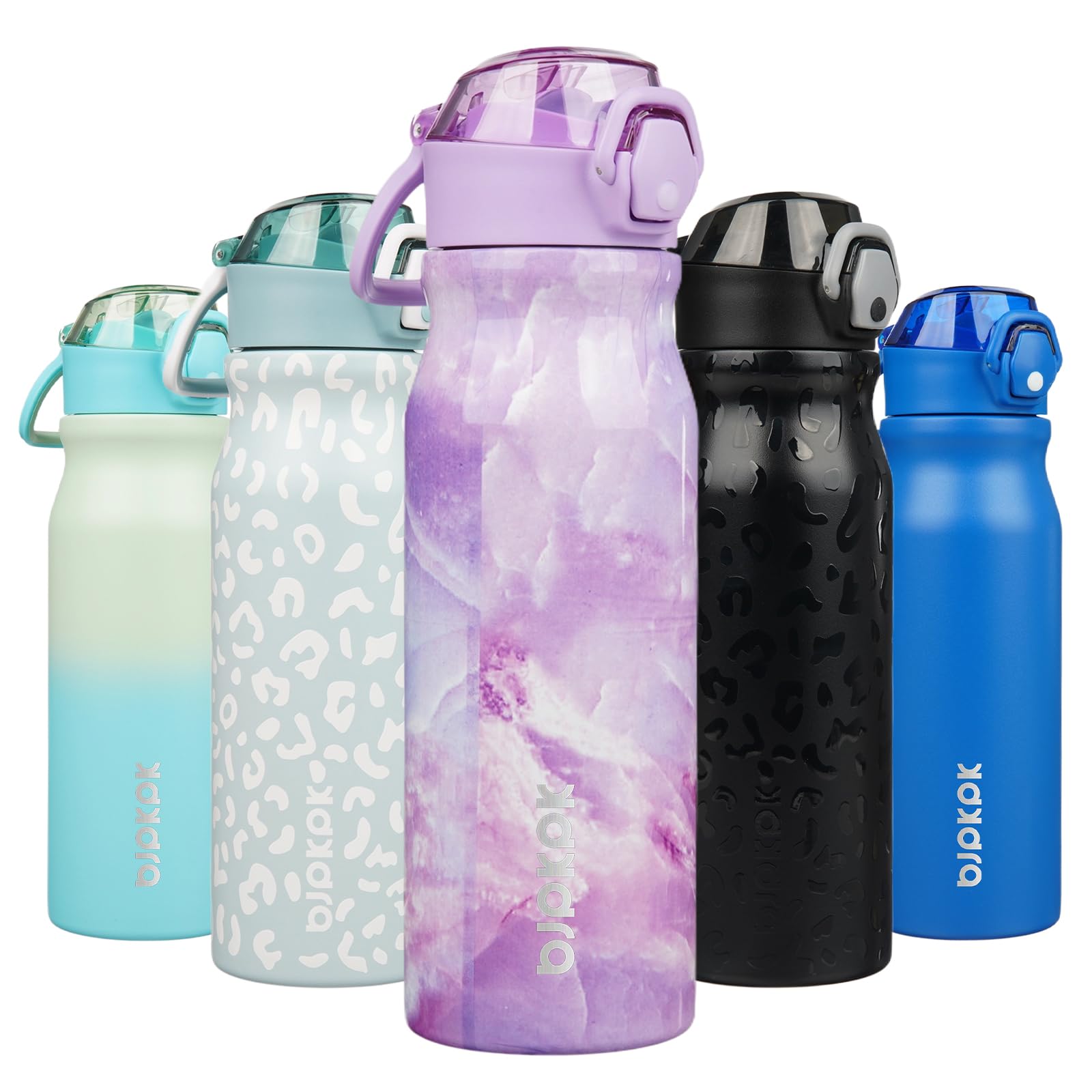 BJPKPK Insulated Water Bottle 18oz Stainless Steel Water Bottles with Straw and Carry Handle Double Wall Metal Thermal Flask,Light Blue Leopard