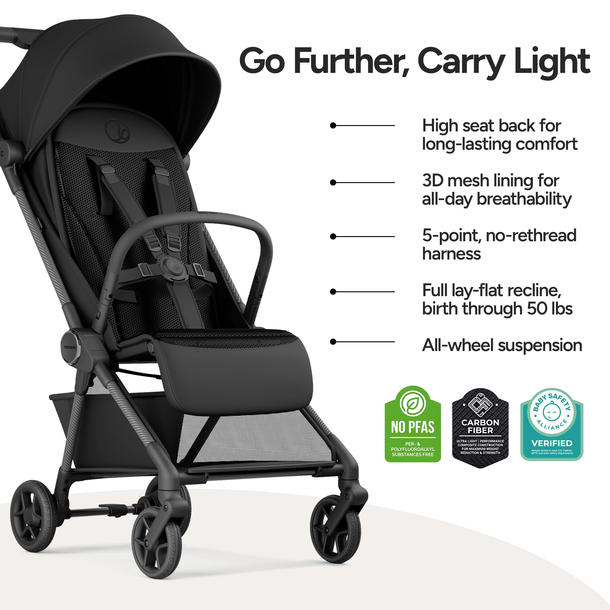 Mompush Nexis Carbon Travel Stroller, Ultra-Lightweight 11.5 lbs, Compact & Airplane Carry-On Approved, One-Second Auto-Fold, One-Hand Full Recline, from Birth to 50 lbs, JPMA Certified, Khaki