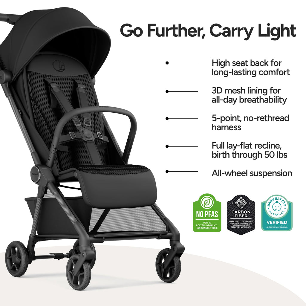 Mompush Nexis Carbon Travel Stroller, Ultra-Lightweight 11.5 lbs, Compact & Airplane Carry-On Approved, One-Second Auto-Fold, One-Hand Full Recline, from Birth to 50 lbs, JPMA Certified, Khaki