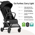 Mompush Nexis Carbon Travel Stroller, Ultra-Lightweight 11.5 lbs, Compact & Airplane Carry-On Approved, One-Second Auto-Fold, One-Hand Full Recline, from Birth to 50 lbs, JPMA Certified, Khaki