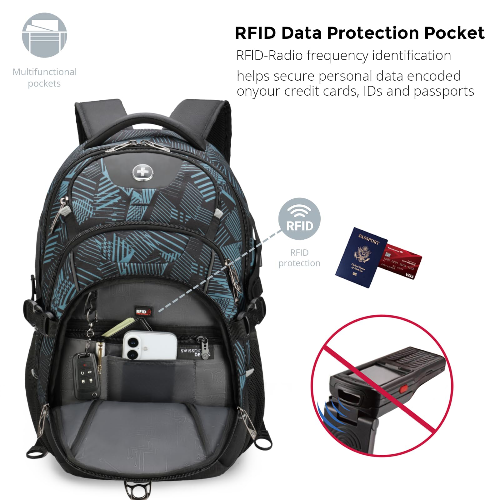 Swissdigital Design Laptop Backpack with USB Charging Port, Travel Backpack Fits 15.6 inches Computer, 31L College School Backpack for Men, Black | SD803-01
