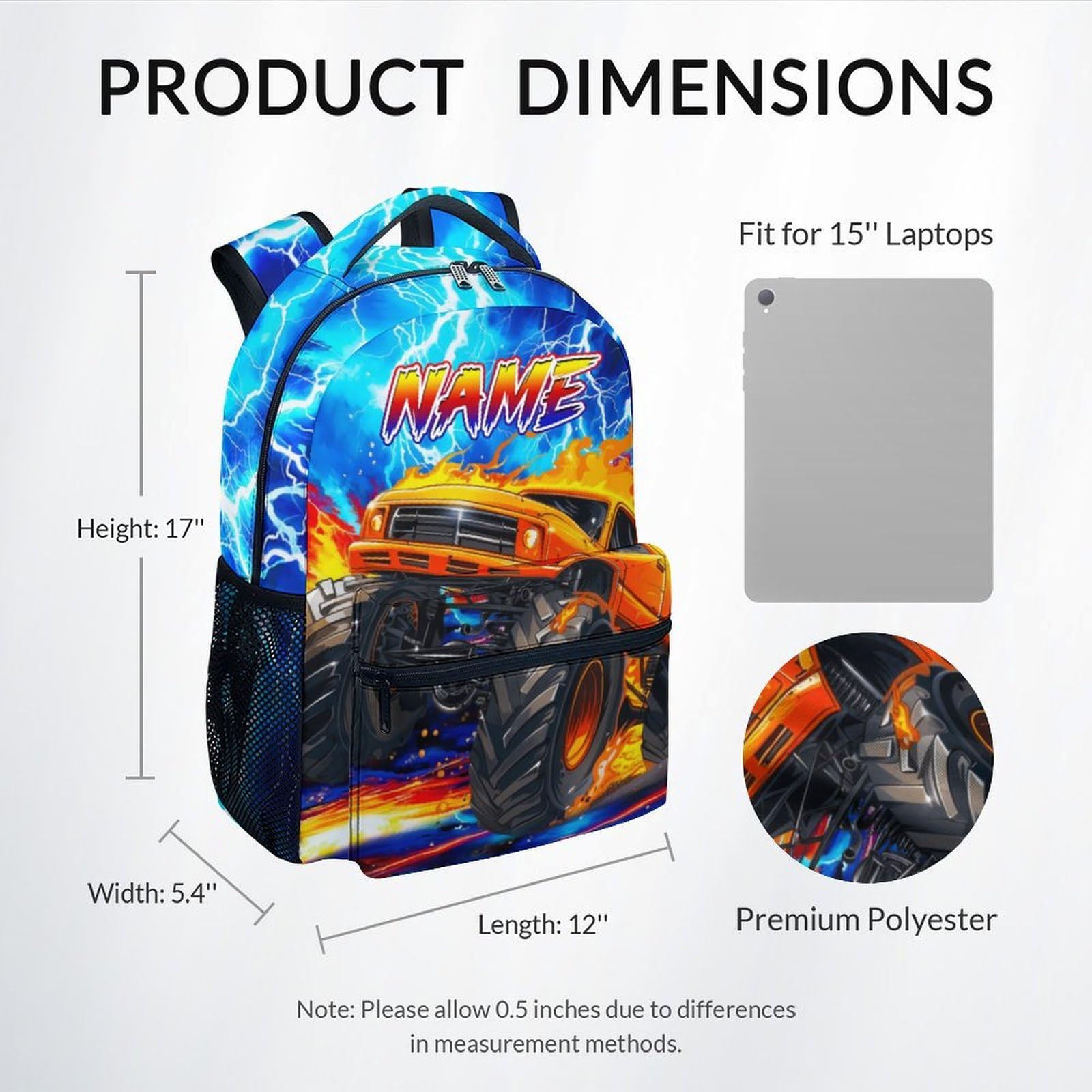 Dinosaur Backpack for Kids Personalized Boys Truck Bookbag with Name - 17 Inch Toddler School Bag with Padded Straps for Preschool Kindergarten Elementary
