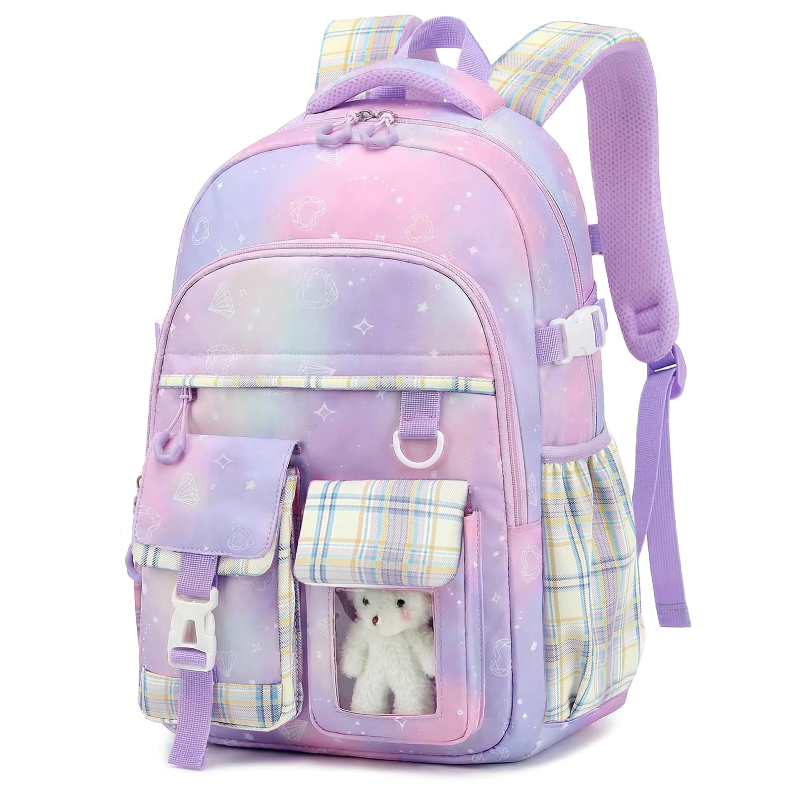 PRLINJSK Girls Backpack，Cute School Backpack for Girls Kids Teens，Kawaii Bookbag for Primary Elementary，Purple