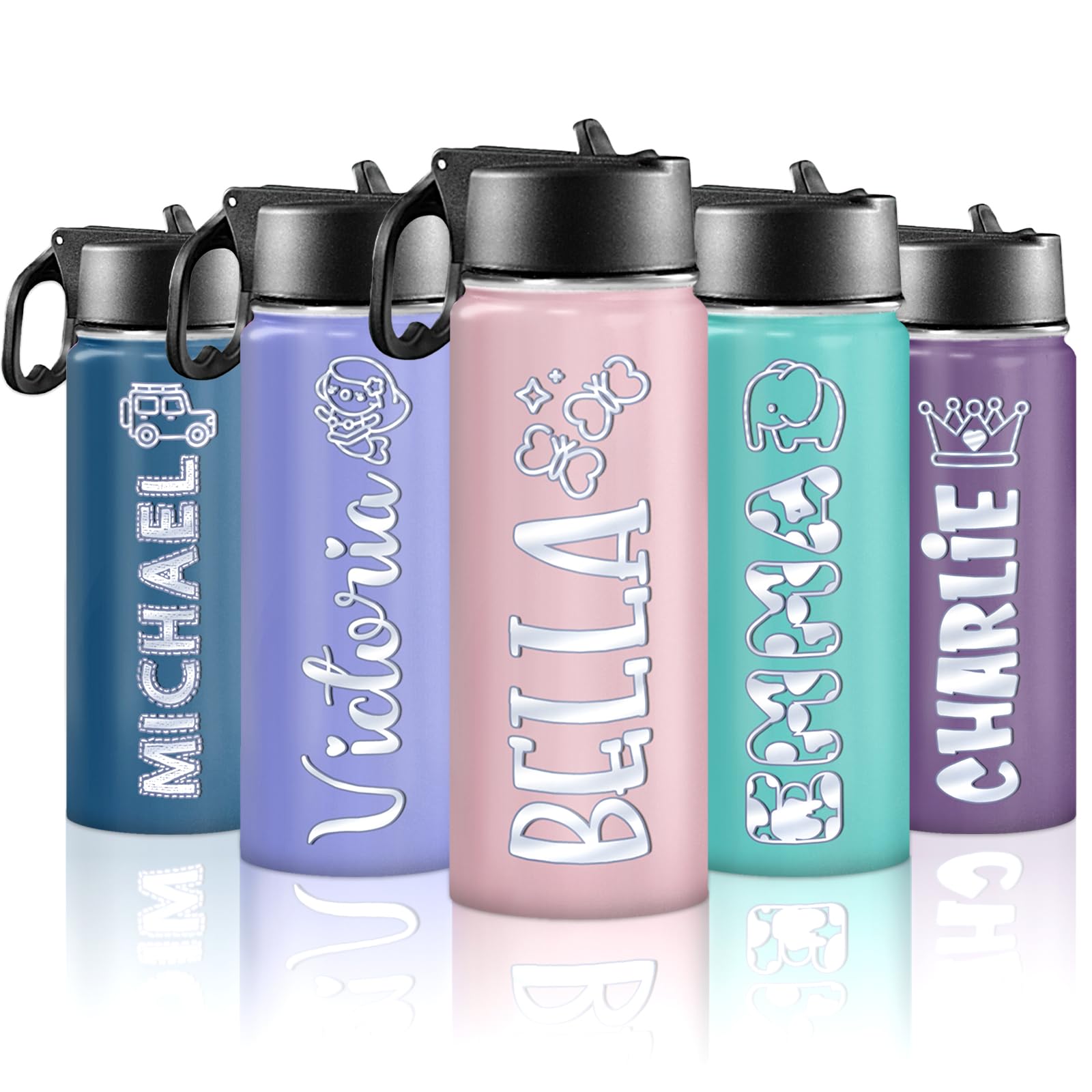 Back to School, Personalized Insulated Water Bottle for Kids 18oz Custom Name Stainless Steel Sports Water Bottles with Straw Lid Gifts for girls Boys woman man School Sports