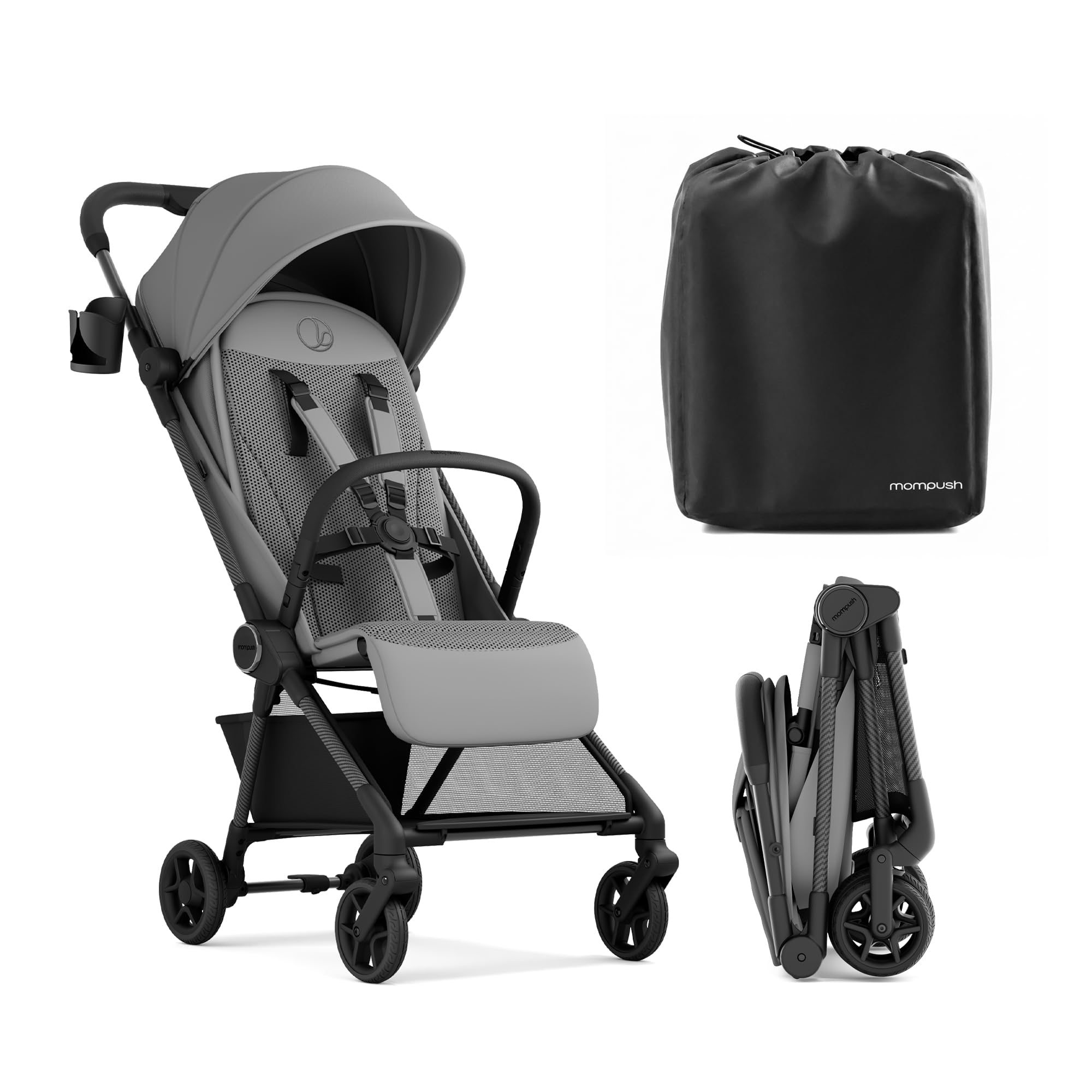 Mompush Nexis Carbon Travel Stroller, Ultra-Lightweight 11.5 lbs, Compact & Airplane Carry-On Approved, One-Second Auto-Fold, One-Hand Full Recline, from Birth to 50 lbs, JPMA Certified, Khaki