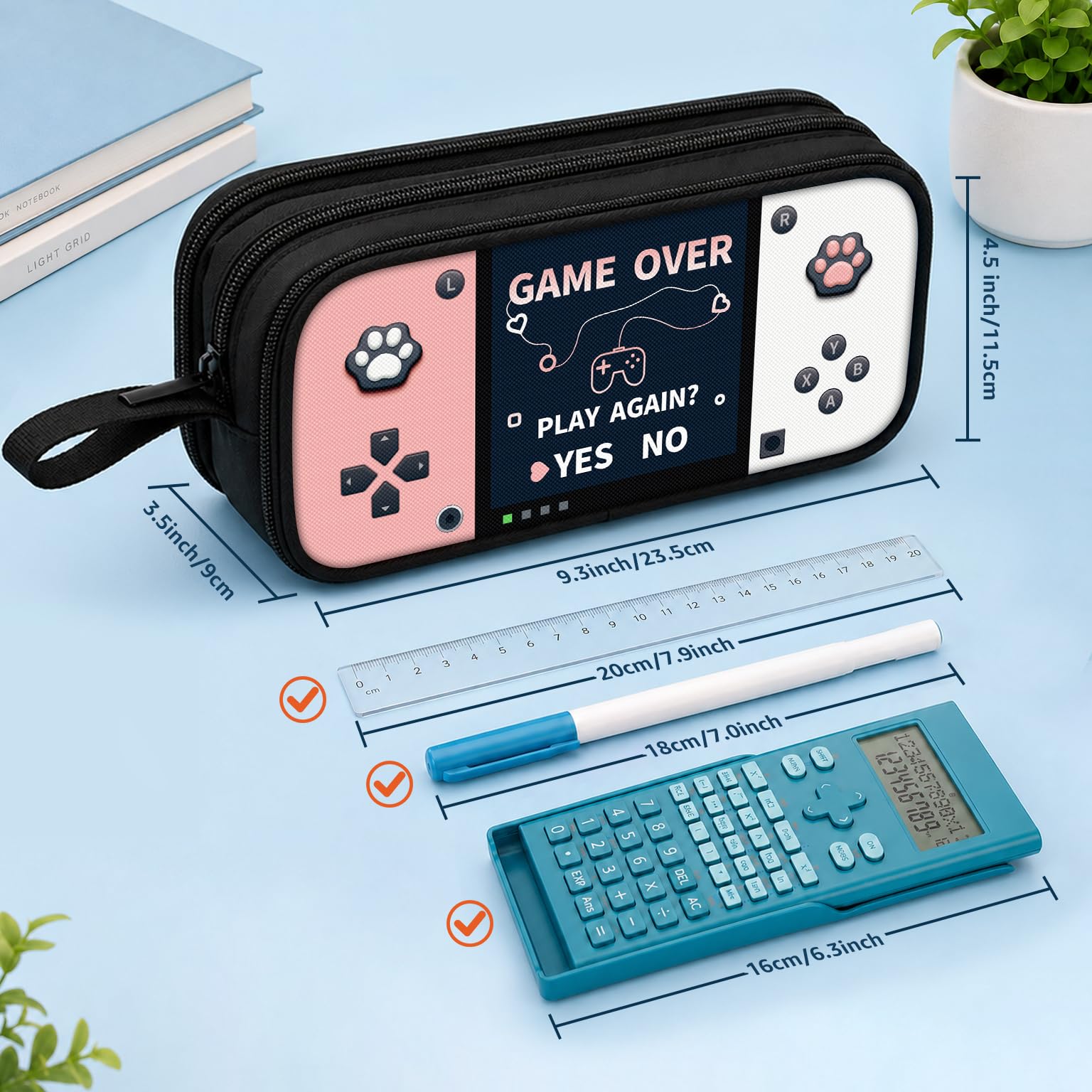 Game Controller Pencil Case for Boys Kids Teens, Large Capacity Pencil Pouch with 3 Compartments, 7 Pockets and Label Pocket for School College Office Travel (Red & Blue)