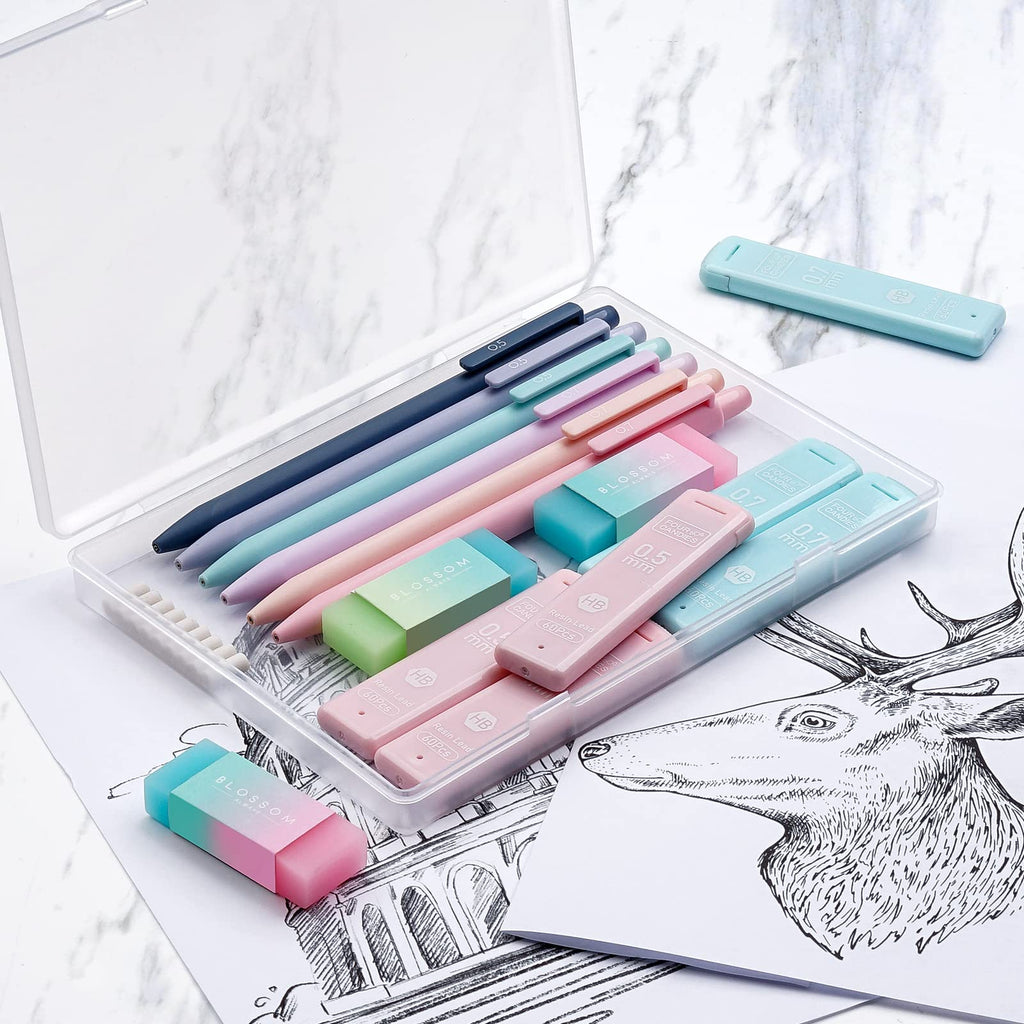 Four Candies Cute Mechanical Pencil Set, 6PCS Pastel Mechanical Pencils 0.5 mm & 0.7mm & 0.9mm with 360PCS Leads, 3PCS Erasers and 9PCS Eraser Refills, Aesthetic Pencils for Girls Writing, Art Drawing