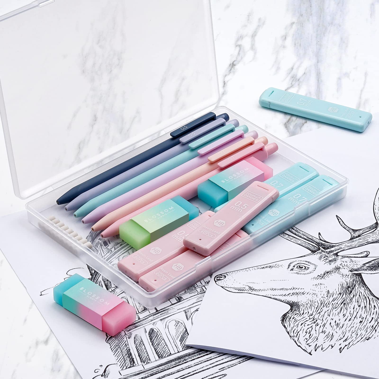 Four Candies Cute Mechanical Pencil Set, 6PCS Pastel Mechanical Pencils 0.5 mm & 0.7mm & 0.9mm with 360PCS Leads, 3PCS Erasers and 9PCS Eraser Refills, Aesthetic Pencils for Girls Writing, Art Drawing