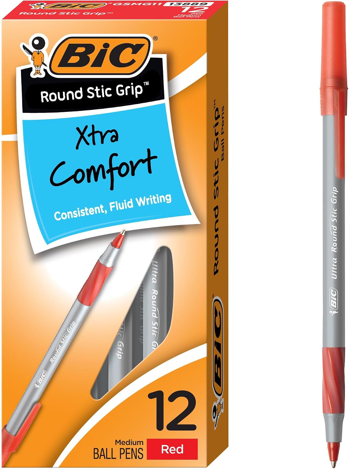 BIC Round Stic Grip Xtra Comfort Blue Ballpoint Pens, Medium Point (1.2mm), 12-Count Pack, Excellent Writing Pens With Soft Grip for Superb Comfort and Control