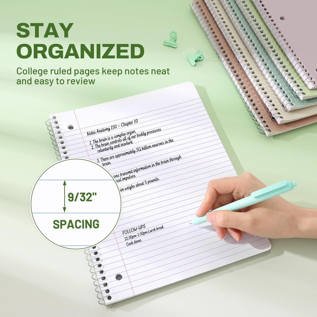 SUNEE Spiral Notebooks, 1-Subject, 5 Pack, College Ruled Paper, 8" x 10-1/2", 70 Sheets per Notebook,3-Hole Punched Paper, Pink,Purple, Blue, Green, Yellow Spiral Lined Notebooks for School,Work