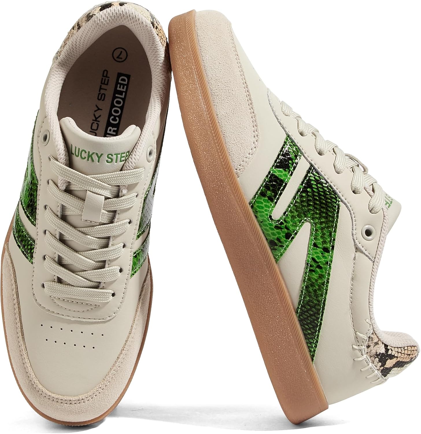 LUCKY STEP Women Classic Retro Gum Sole Fashion Sneakers Casual Tennis Skate Shoe Genuine Leather Walking Footwear Anti Slip Trainers