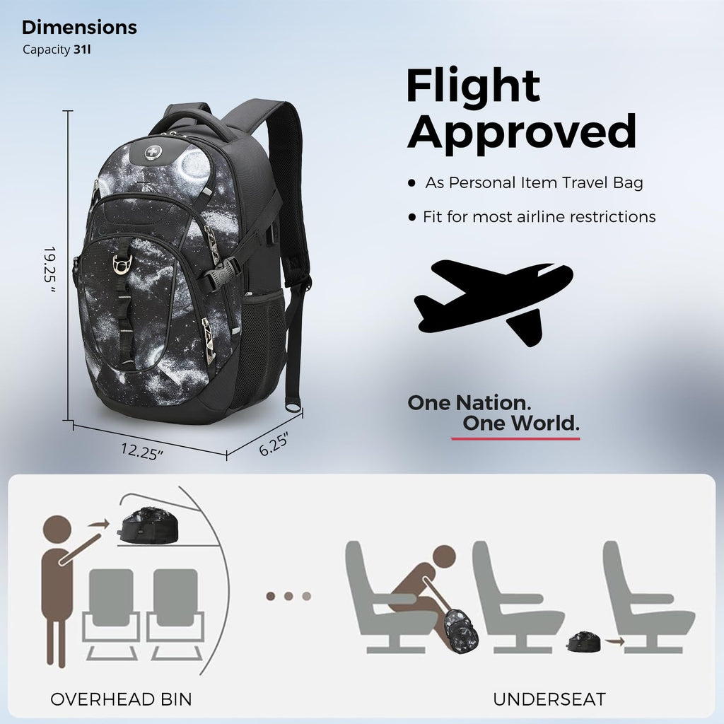 Swissdigital Design Laptop Backpack with USB Charging Port, Travel Backpack Fits 15.6 inches Computer, 31L College School Backpack for Men, Black | SD803-01