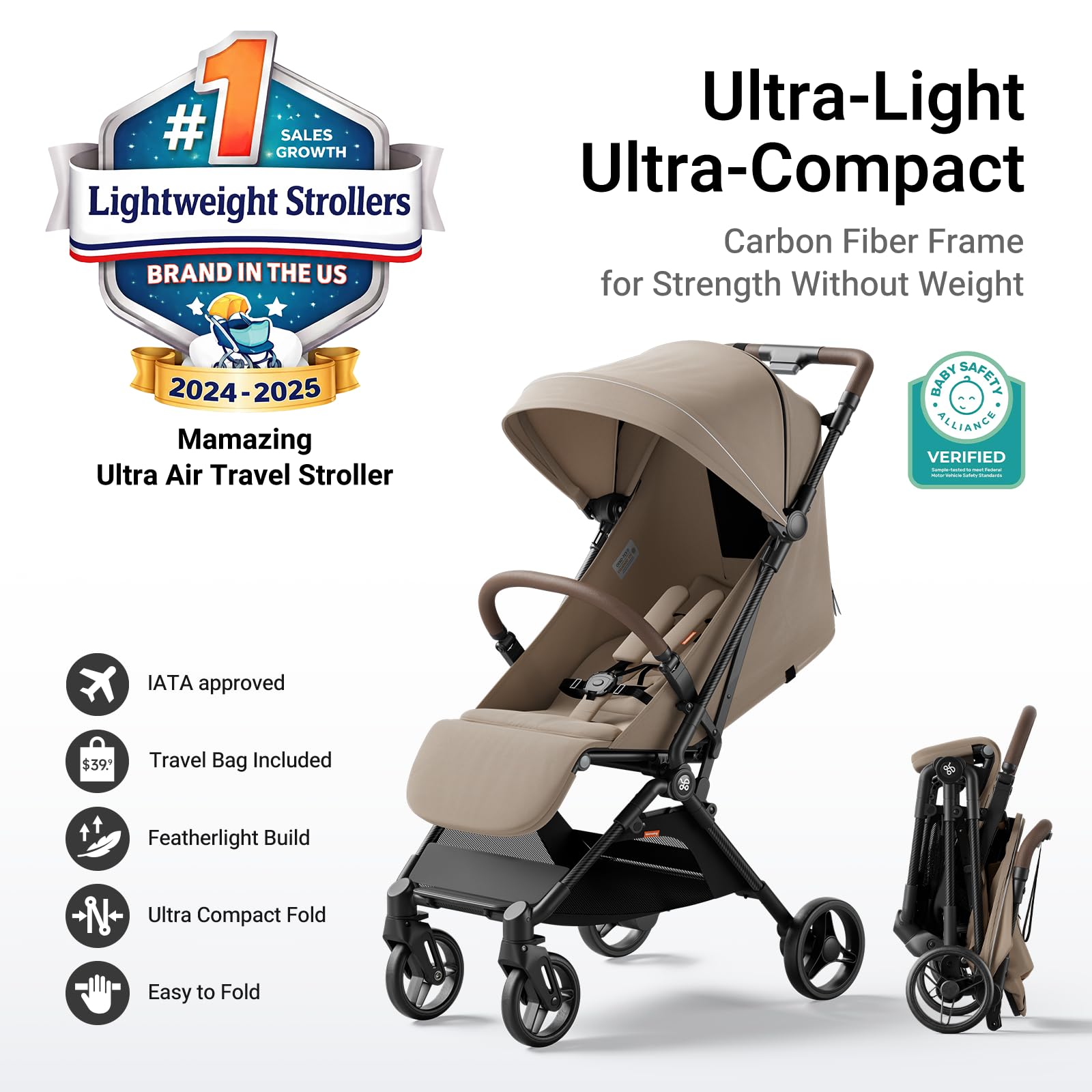 MAMAZING Ultra Air Lightweight Baby Travel Stroller with Carbon Fiber Frame, Compact & Airplane-Friendly, One-Handed Fold, 11.6 lbs, Perfect for Toddlers, Green