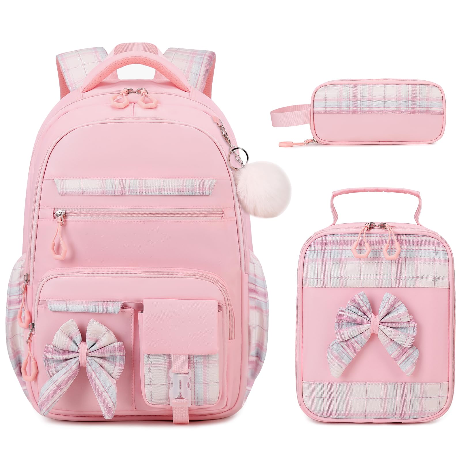 DIGOBAY Backpack for Girls, 3PCS Girls Backpack for School with Lunch Bag Pencil Case, Cute Kids Teens Bookbag for Kindergarten Elementary Preschool Middle School (Pink)