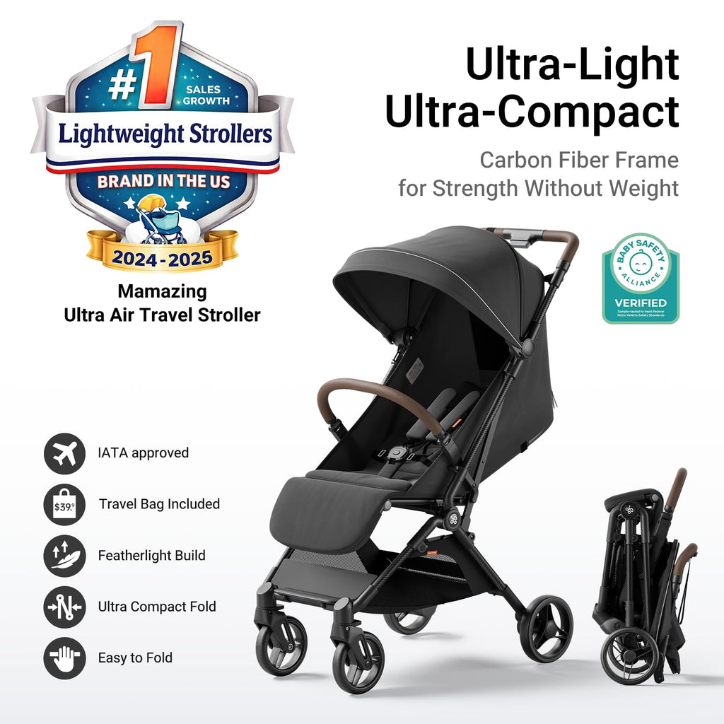 MAMAZING Ultra Air Lightweight Baby Travel Stroller with Carbon Fiber Frame, Compact & Airplane-Friendly, One-Handed Fold, 11.6 lbs, Perfect for Toddlers, Green