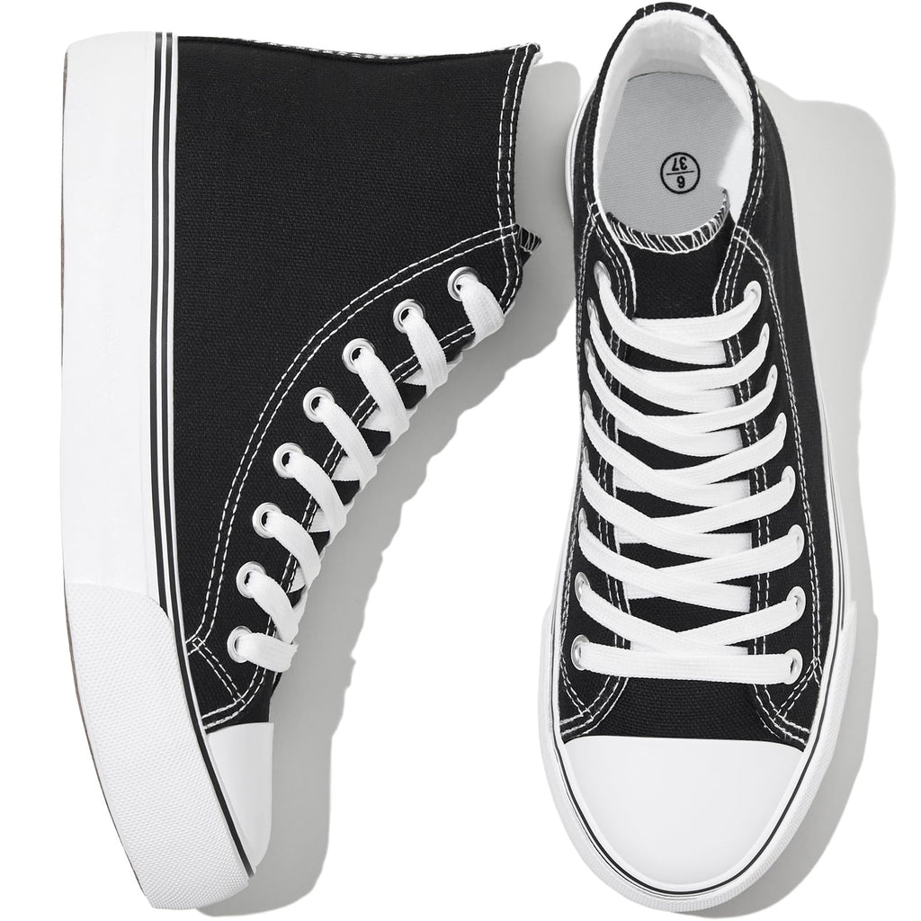 kufeiti Women's High Top Canvas Sneakers Canvas Shoes Lace up White Black Sneakers Casual Walking Shoes