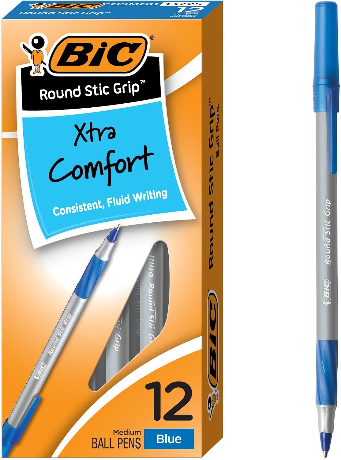 BIC Round Stic Grip Xtra Comfort Blue Ballpoint Pens, Medium Point (1.2mm), 12-Count Pack, Excellent Writing Pens With Soft Grip for Superb Comfort and Control