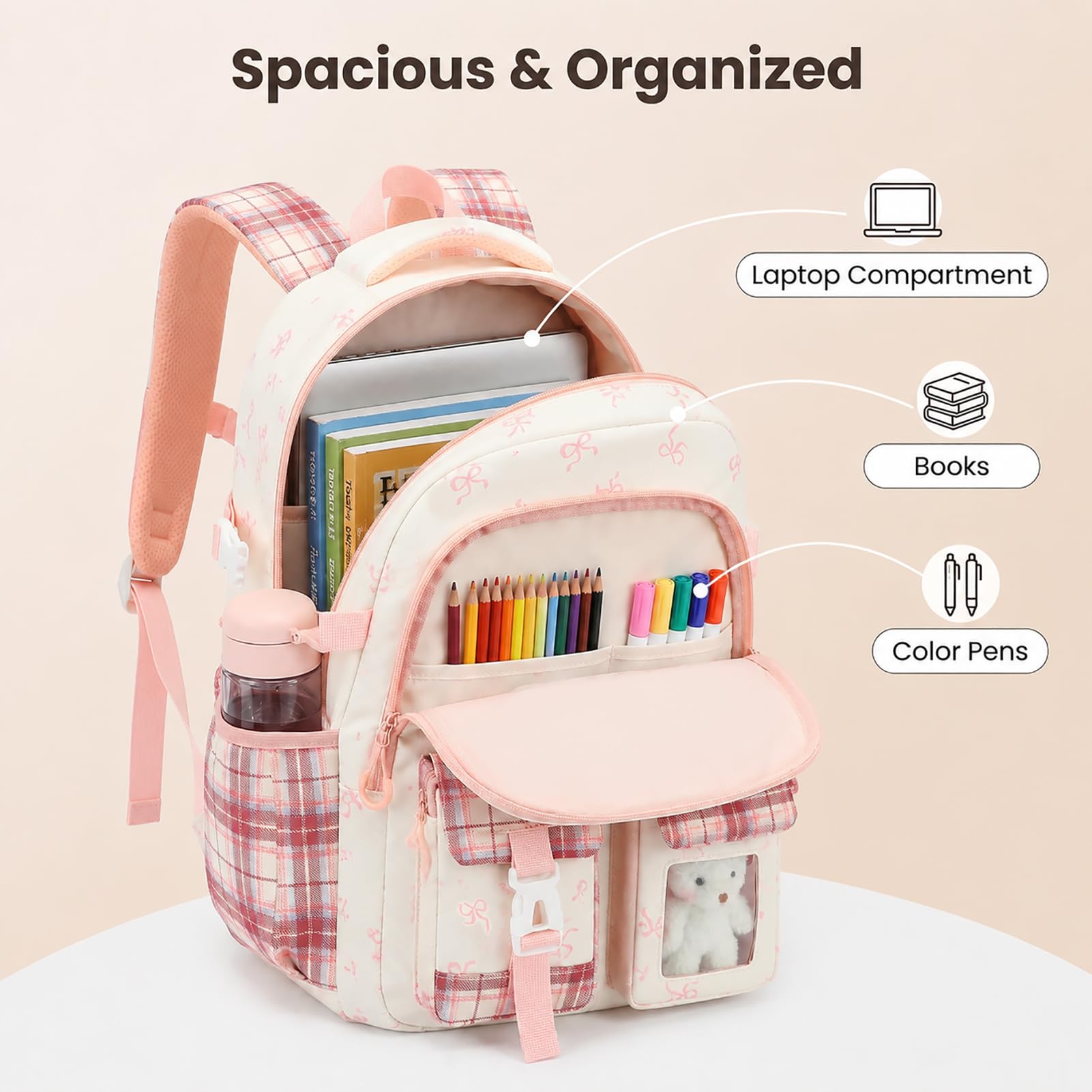 PRLINJSK Girls Backpack，Cute School Backpack for Girls Kids Teens，Kawaii Bookbag for Primary Elementary，Purple