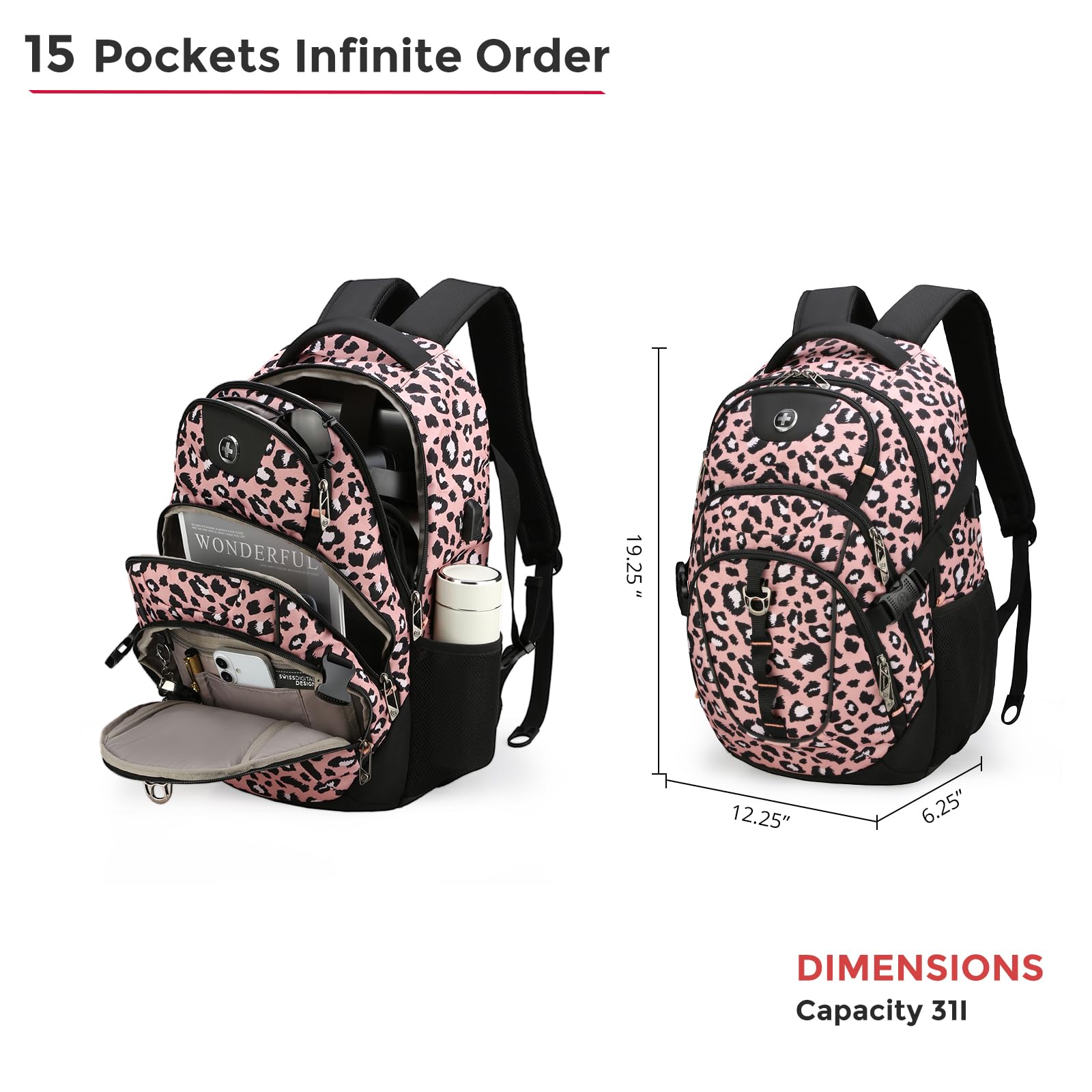 Swissdigital Design Laptop Backpack with USB Charging Port, Travel Backpack Fits 15.6 inches Computer, 31L College School Backpack for Men, Black | SD803-01