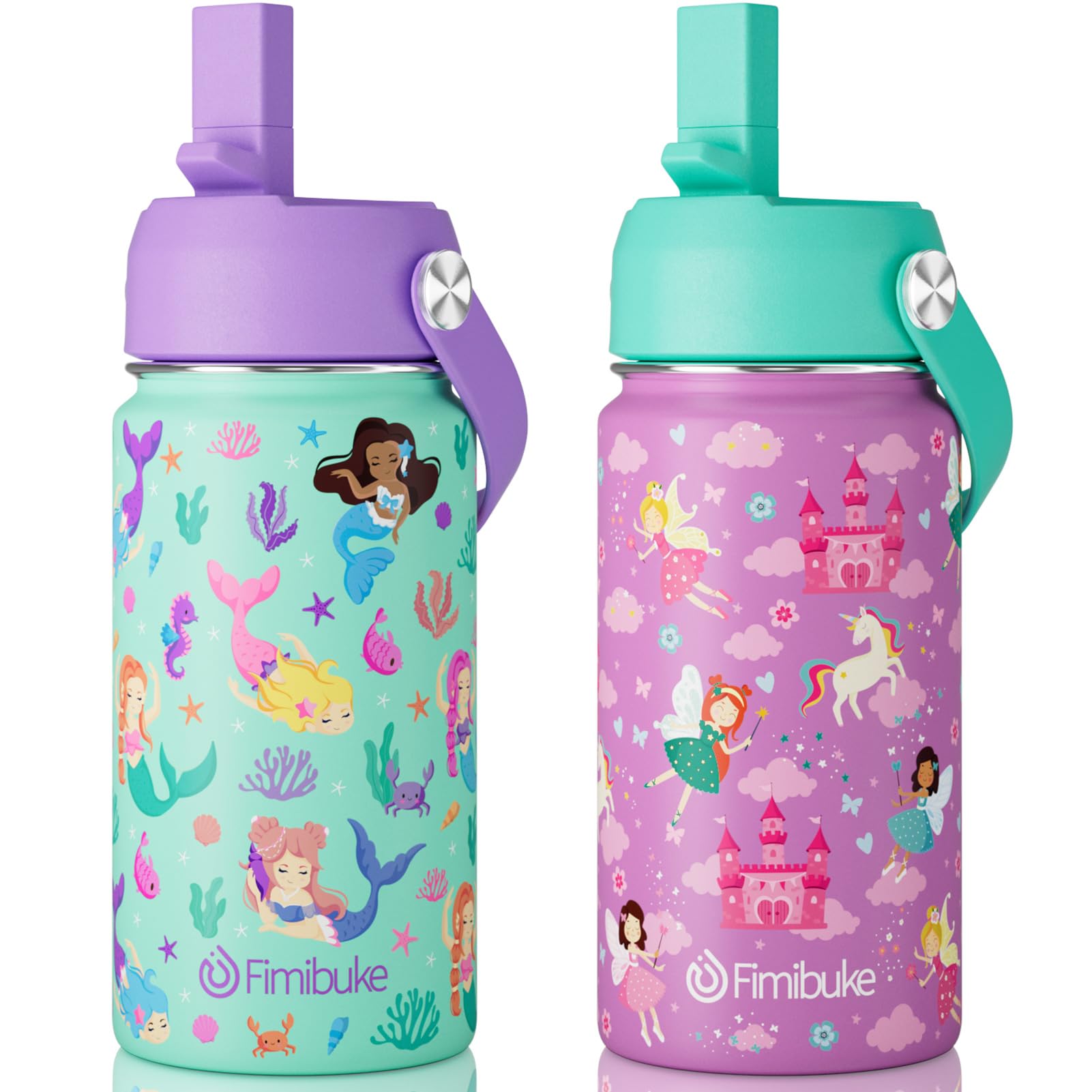 Fimibuke Kids Insulated Water Bottle, 14oz BPA FREE 18/8 Stainless Steel Travel Tumbler Double Wall Vacuum Leak Proof Kids Cup with Straw Metal Water Bottle for School Boys Girls(1 Pack, Rainbow)
