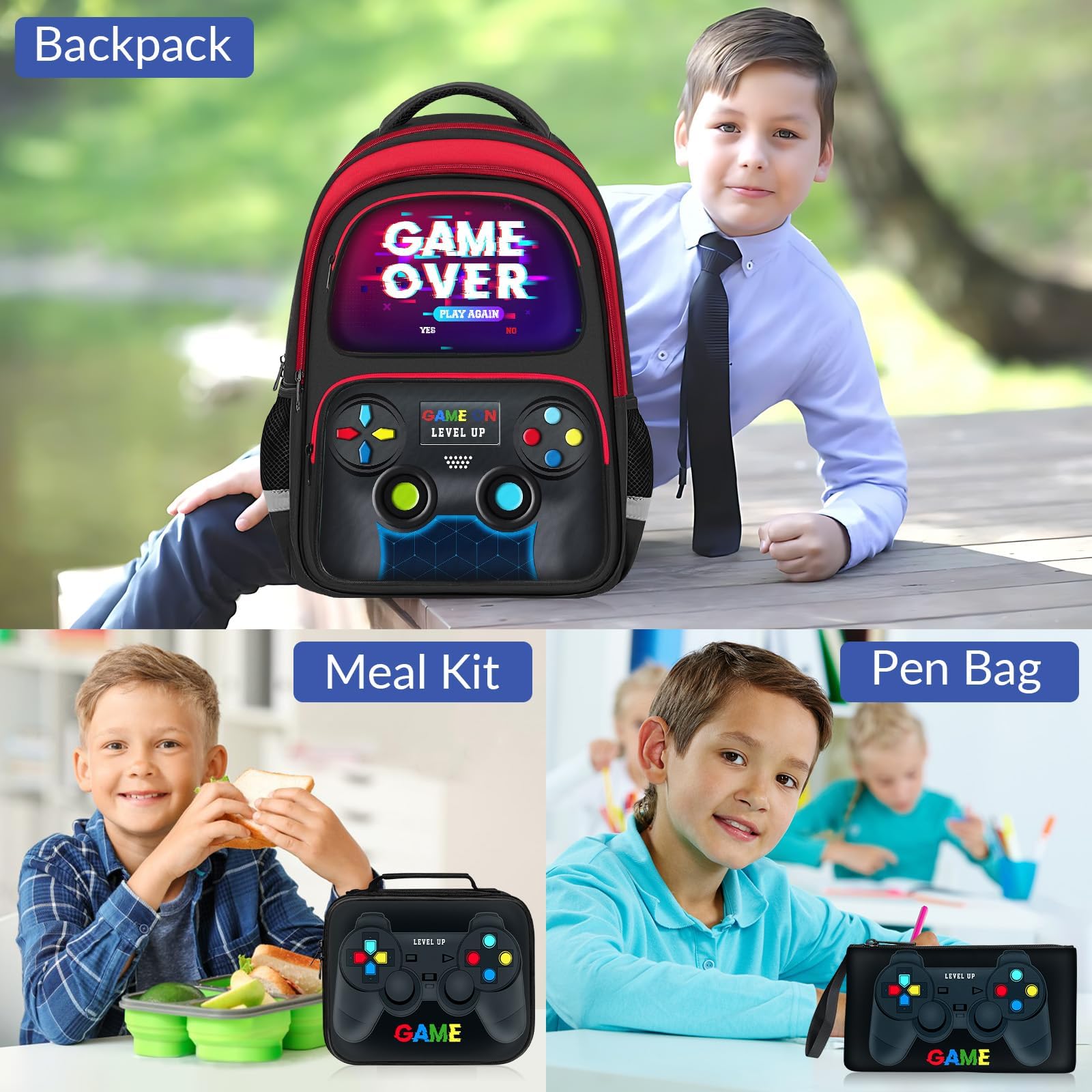 School Backpack for Boys - Gamer Boys Backpack for Kids Children Teens Elementary Middle School - 17″ Video Game Bookbag Travel Back Pack for Age 6-18