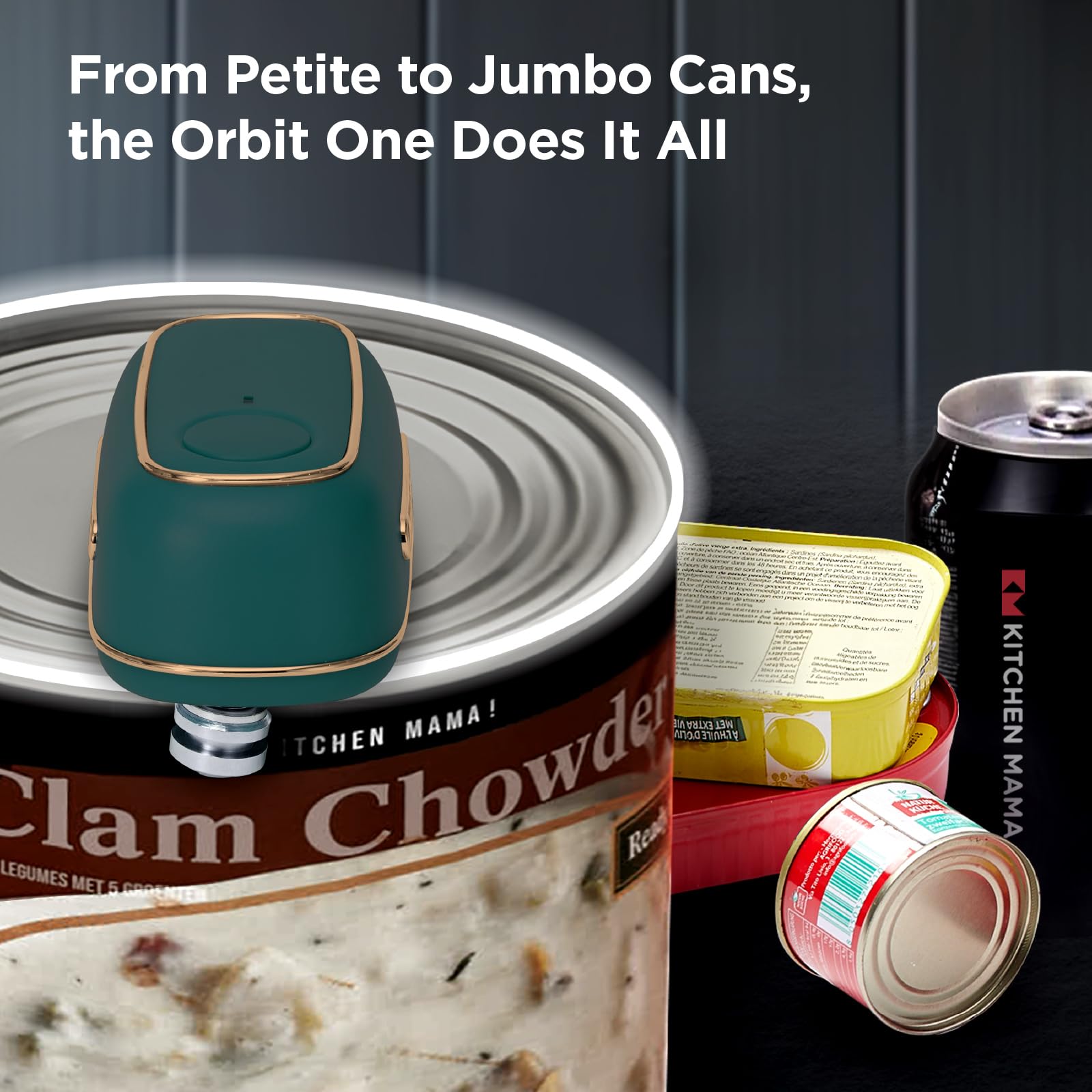 Kitchen Mama Orbit One Rechargeable Electric Can Opener: Hands-free, USB-C Charging, Automatic Stop, Smooth Edge, Safety, Blade for Large Cans, Heavy Duty, Soda and Pop Can, with Storage Box (Black)
