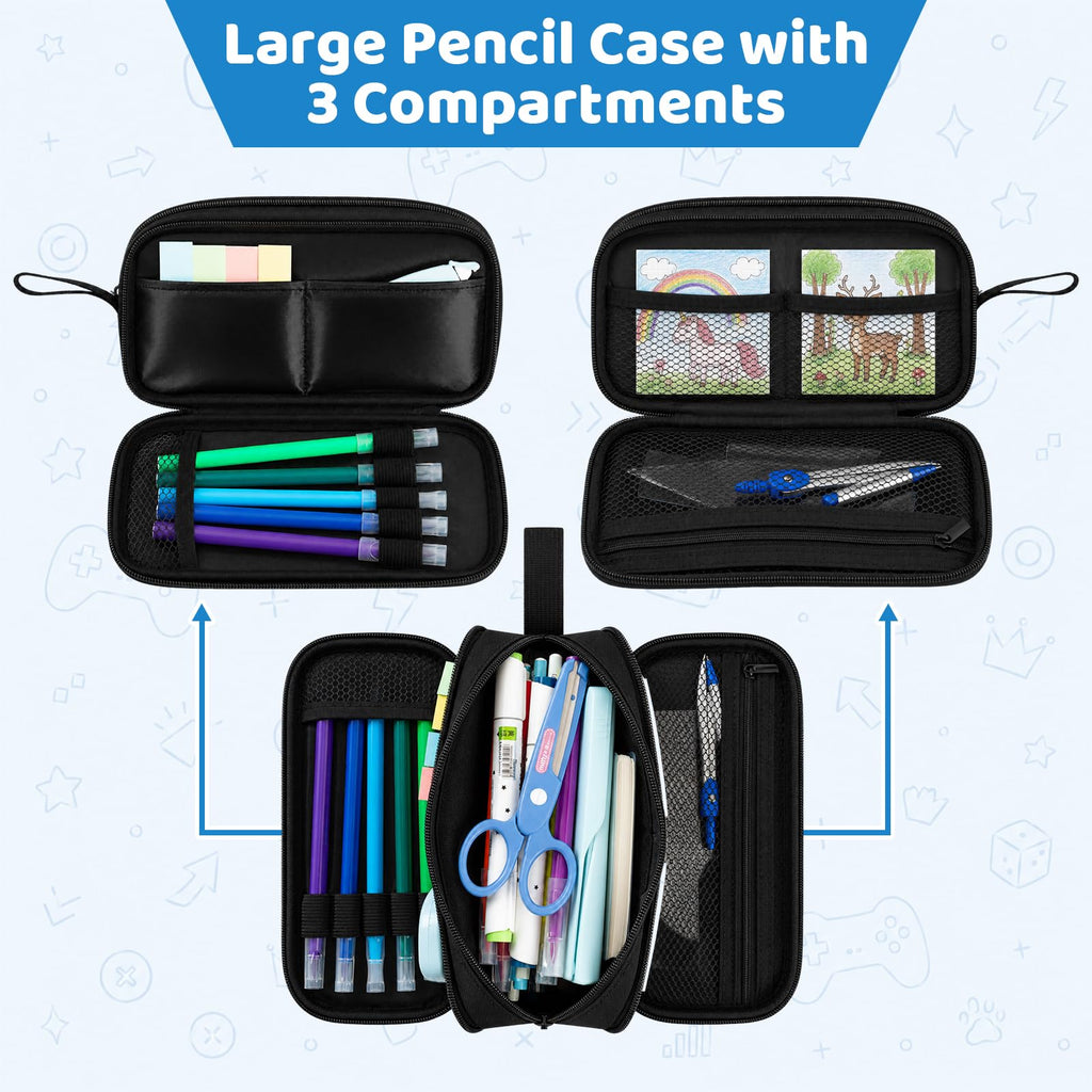 Game Controller Pencil Case for Boys Kids Teens, Large Capacity Pencil Pouch with 3 Compartments, 7 Pockets and Label Pocket for School College Office Travel (Red & Blue)