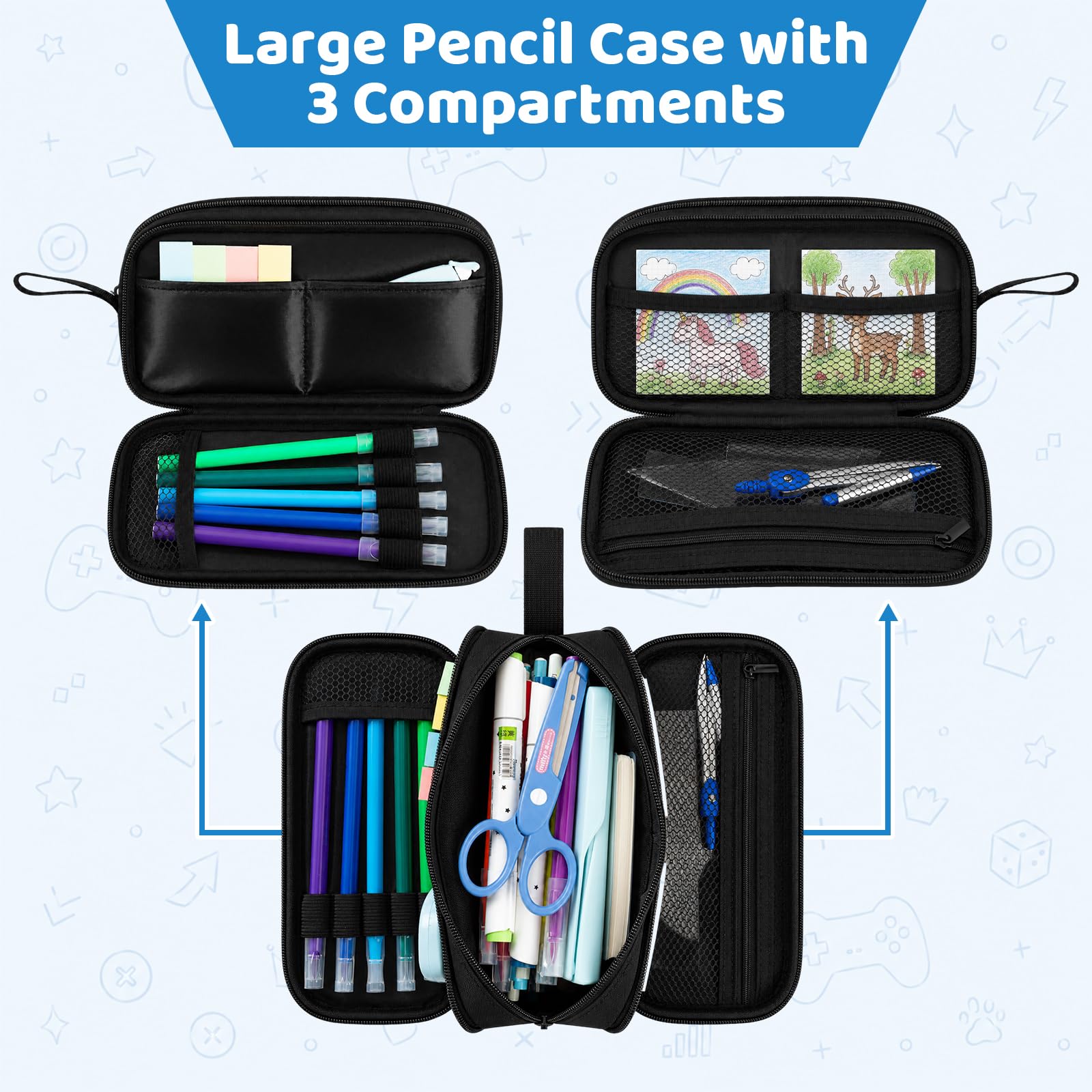 Game Controller Pencil Case for Boys Kids Teens, Large Capacity Pencil Pouch with 3 Compartments, 7 Pockets and Label Pocket for School College Office Travel (Red & Blue)